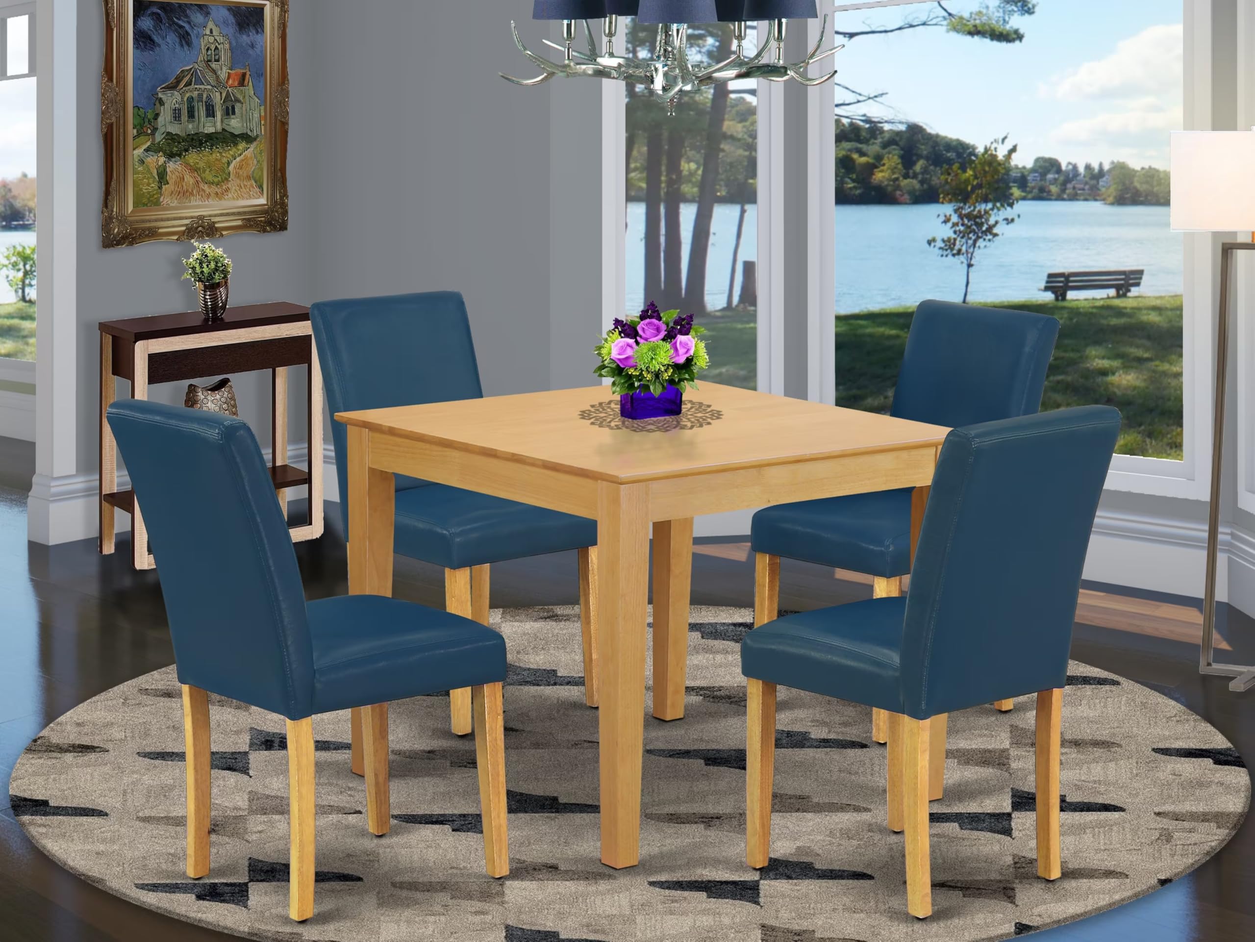 East West Furniture Oxab5-Oak-55 5 Piece Modern Dining Table Set Includes A Square Wooden Table And 4 Oasis Blue Faux Leather Upholstered Chairs, 36X36 Inch, Oak