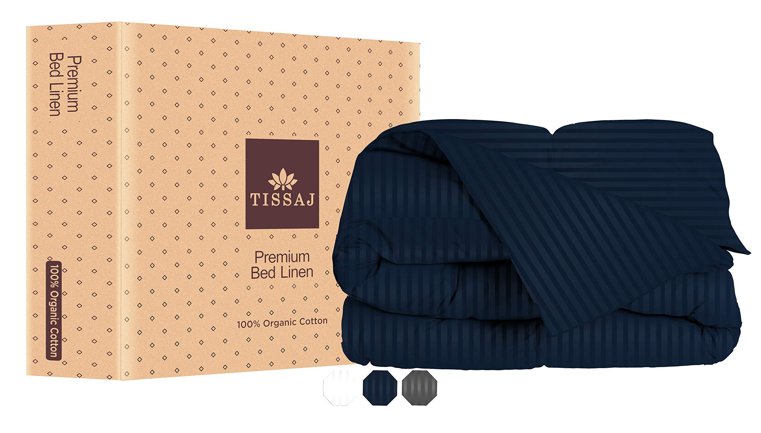 Tissaj Resort Collection - King Size Duvet Cover - 100% Gots Certified Organic Cotton - Sateen Weave - Damask Stripes Navy Blue