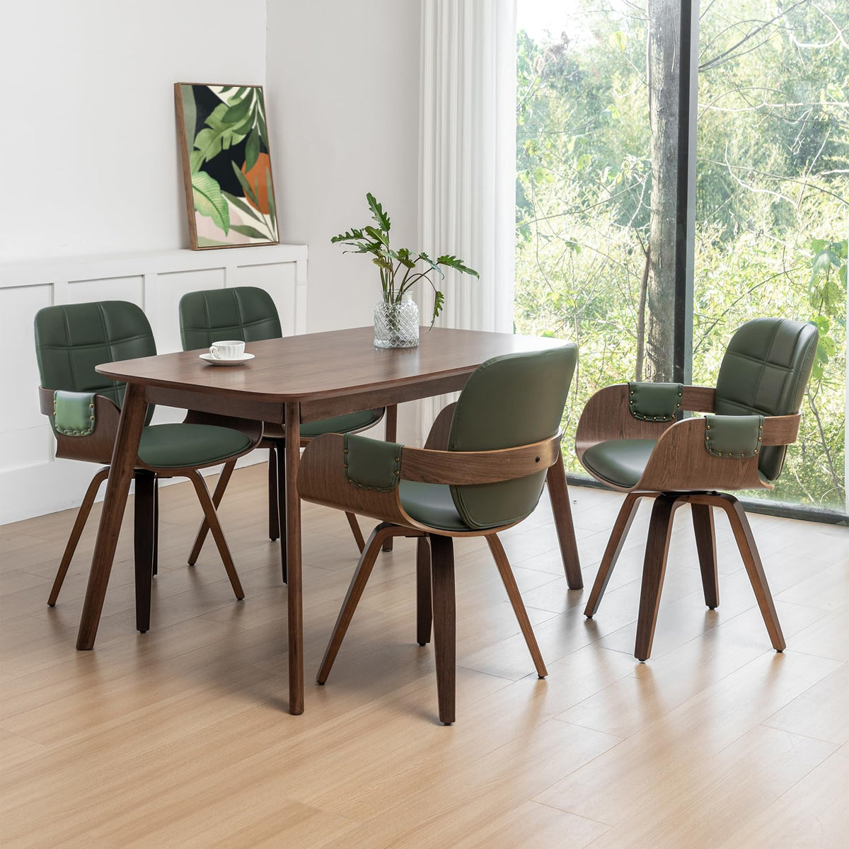 Set Of 4 Mcm Dining Chairs - Swivel Faux Leather Dining Chairs With Arms And Curved Back, Bentwood Structure, Walnut Craftsmansh