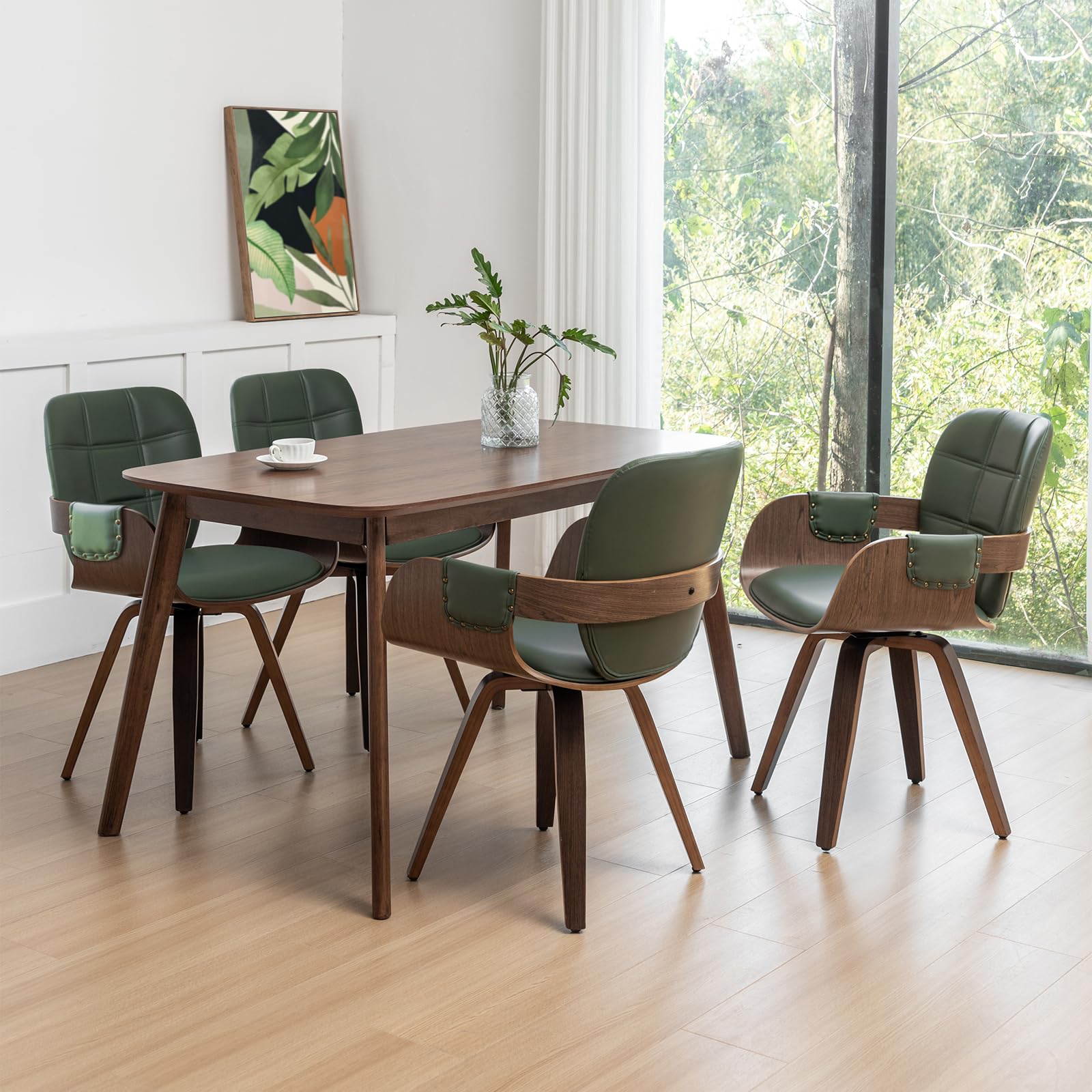Set Of 4 Mcm Dining Chairs - Swivel Faux Leather Dining Chairs With Arms And Curved Back, Bentwood Structure, Walnut Craftsmansh