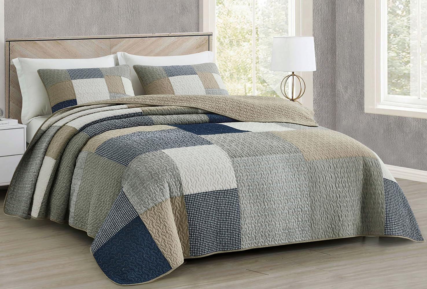 Chezmoi Collection Addy 3Piece Navy Blue White Gray Taupe Plaid Patchwork Quilt Set  PreWashed Cotton Coverlet  Lightweight 
