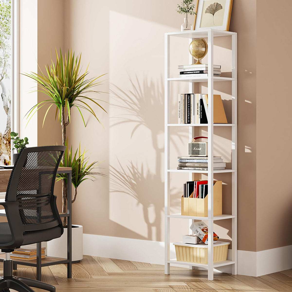 Tutotak Bookshelf, 6-Tier Tall Book Shelf, Narrow Bookcase For Small Space, Diy Stackable Bookshelf, For Living Room, Office, Study, Entryway, Industrial, White Bs01Bw006