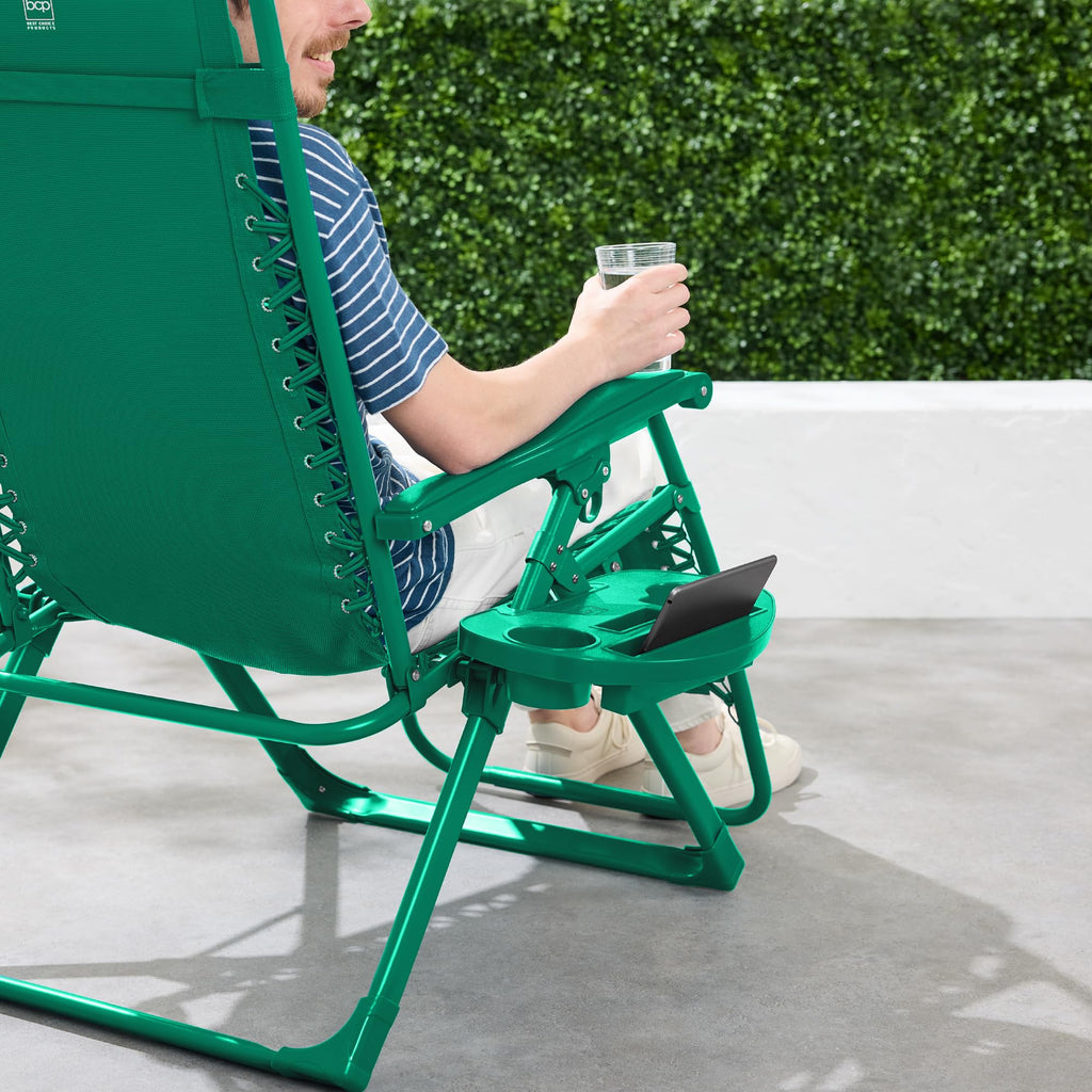 Best Choice Products Adjustable Zero Gravity Chair, Monochromatic Color Folding Patio Recliner W/Side Tray, Headrest - Emerald