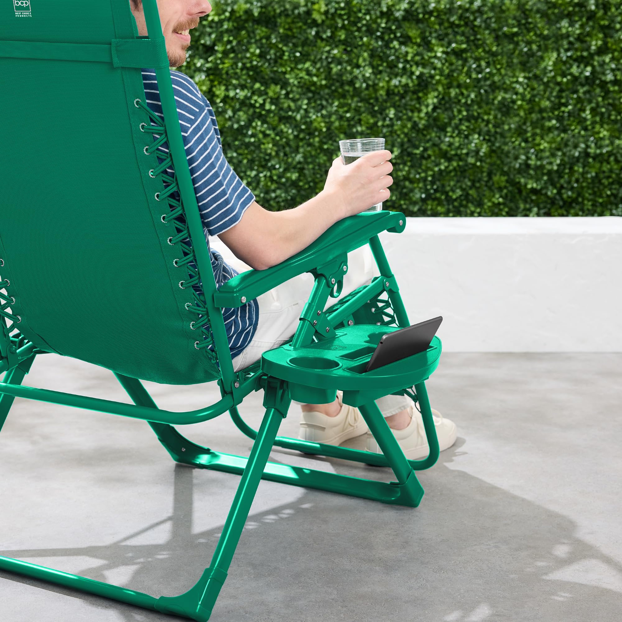 Best Choice Products Adjustable Zero Gravity Chair, Monochromatic Color Folding Patio Recliner W/Side Tray, Headrest - Emerald