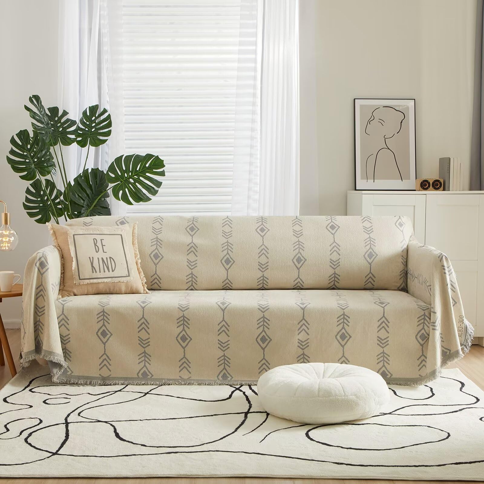 Vclife Boho Sofa Couch Cover Beige Grey Herringbone Geometric Couch Cover For 3 Cushion Couch Sofa Thick Chenille Sofa Slipcover