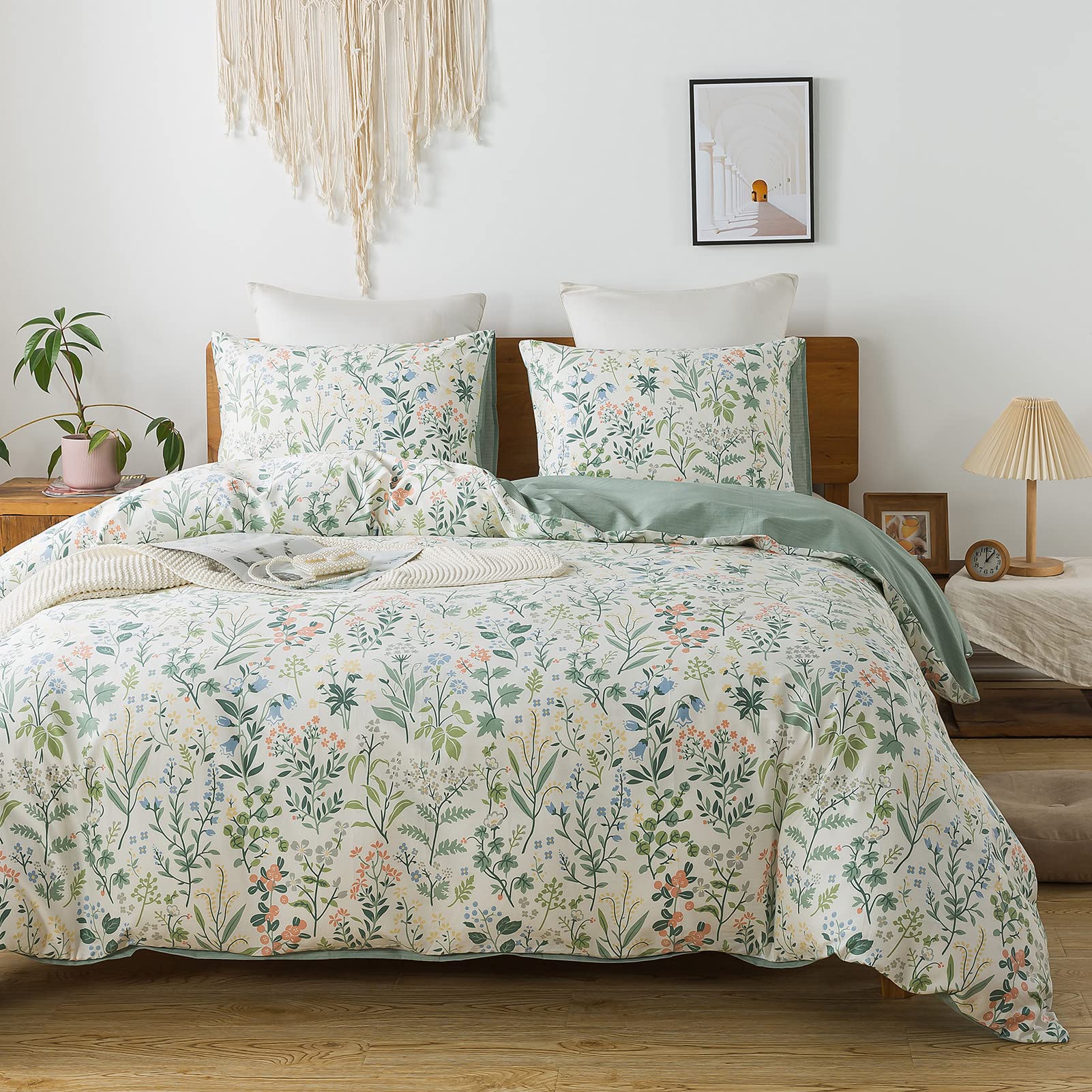 Honeilife Duvet Dover King Size - 100% Cotton Comforter Cover Floral Duvet Cover Sets,Breathable Duvet Cover With Zipper Closure