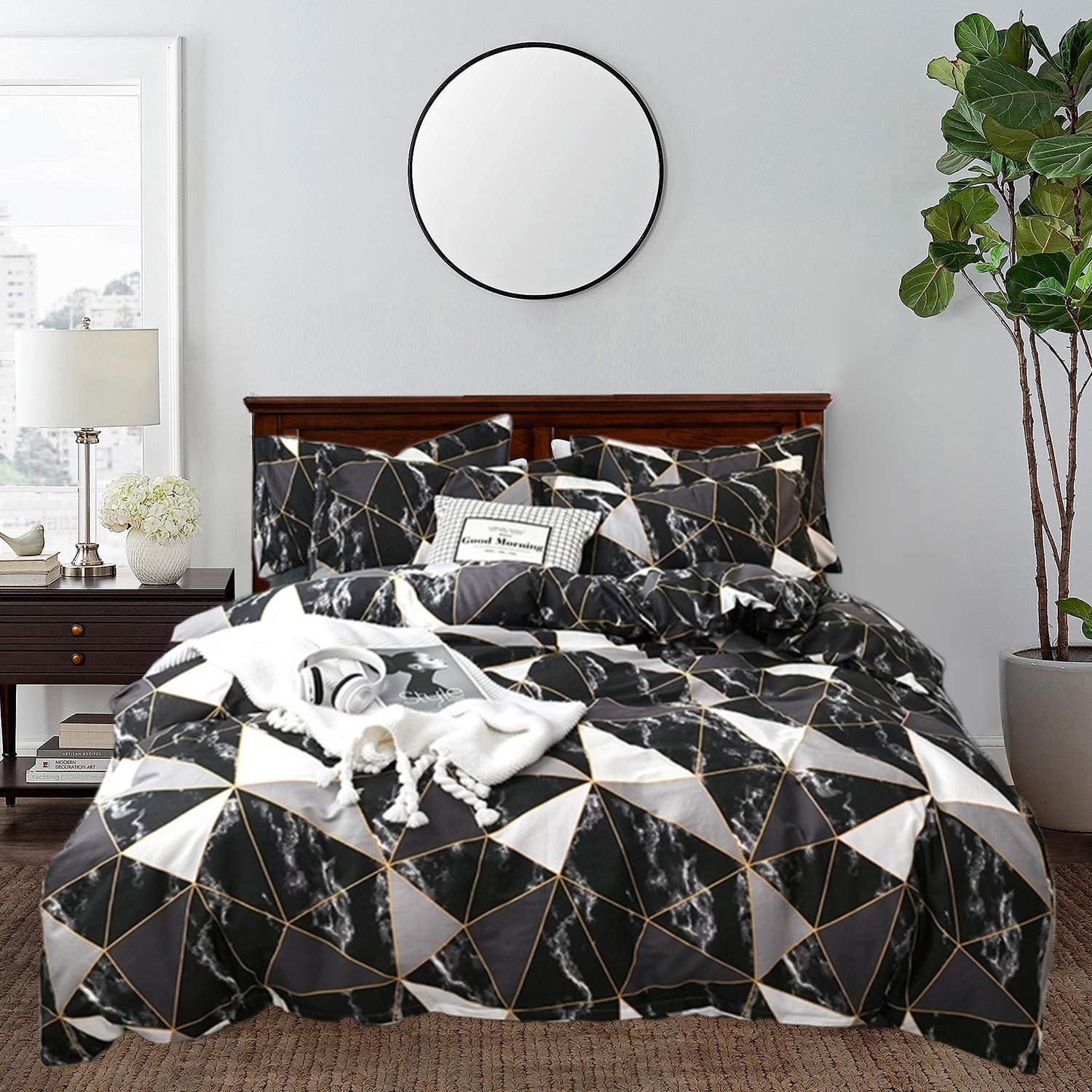 Clothknow Black Marble Comforter Sets California King Triangle Geometric Bedding Comforter Sets Cal King Bedding Black Grey White Bed Comforter 3Pcs Black White Comforter Cal King