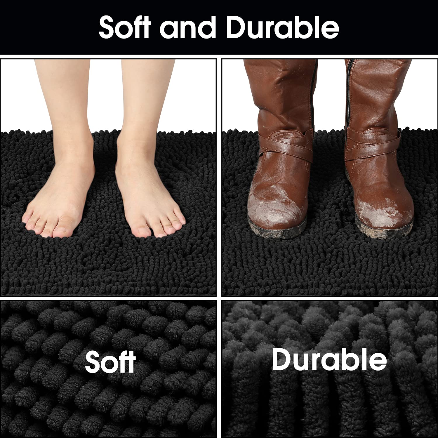 Homeideas Absorbent Chenille Door Mat Indoor, 24“X36”, Dirt Trapper Machine Washable Non Slip Throw Rugs For Entryway, Entrance, Mud Room, Thick Welcome Doormat, Black