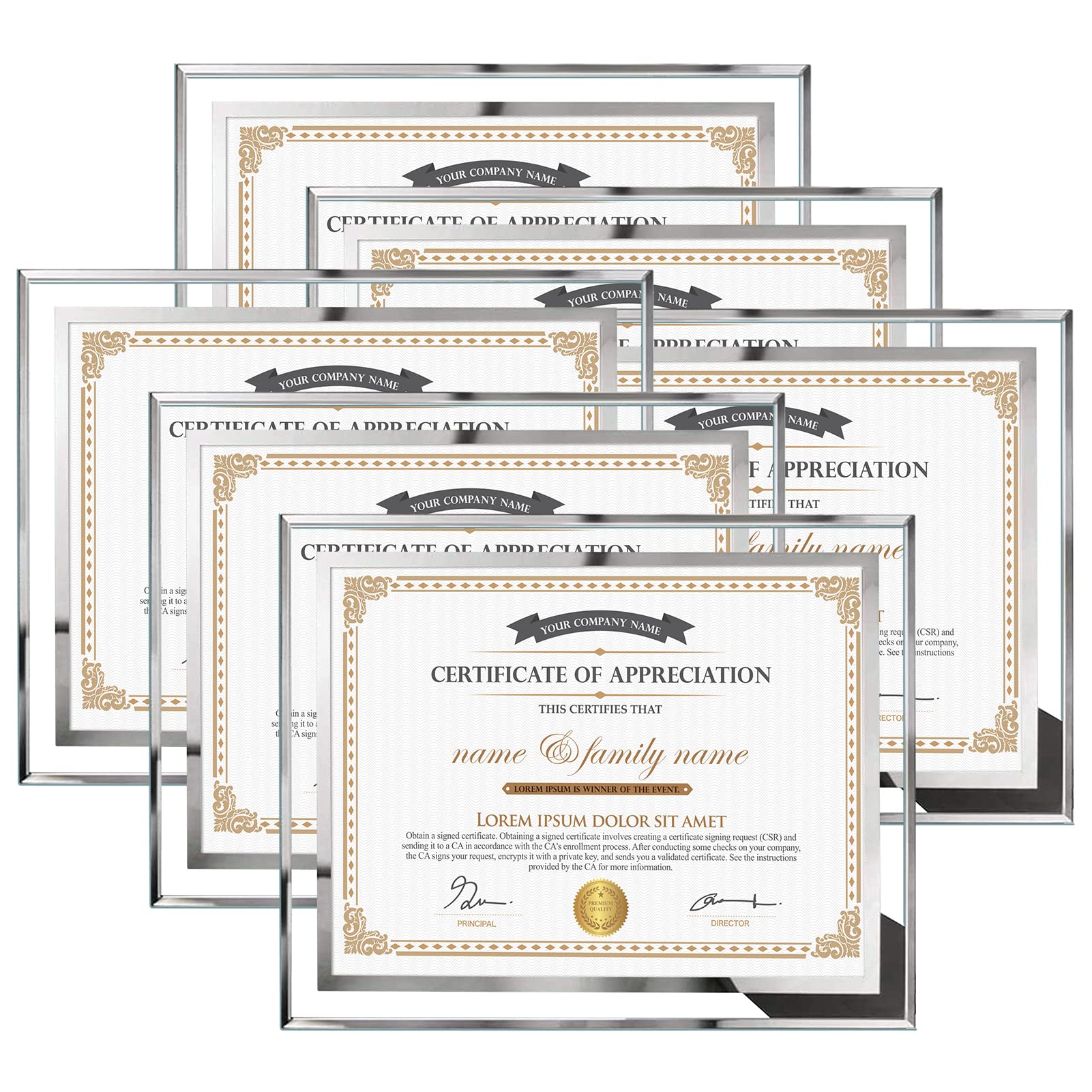 Hoikwo 8.5x11 Picture Frames, 6 Packs Silver Glass Certificate Frames for Document Diploma Award, Only for Tabletop Display Vert
