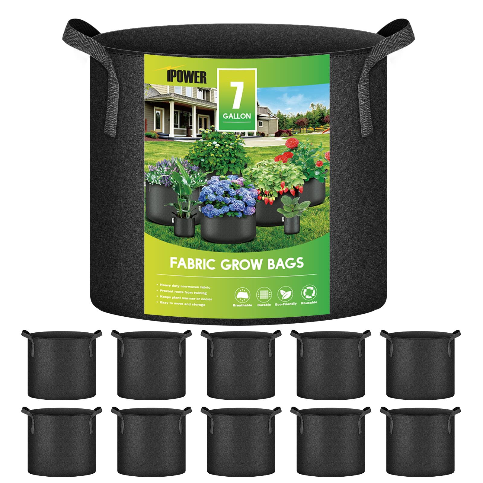 Ipower 10-Pack 7-Gallon Grow Bags Nonwoven Fabric Pots Aeration Container With Strap Handles For Garden And Planting, 7 Gallon,