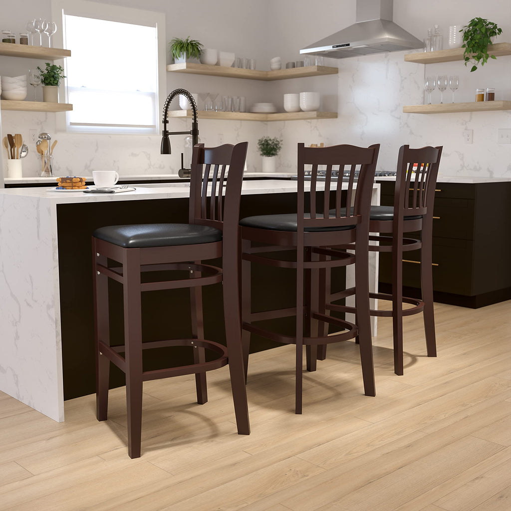 Flash Furniture HERCULES Series Vertical Slat Back Walnut Wood Restaurant Barstool - Black Vinyl Seat