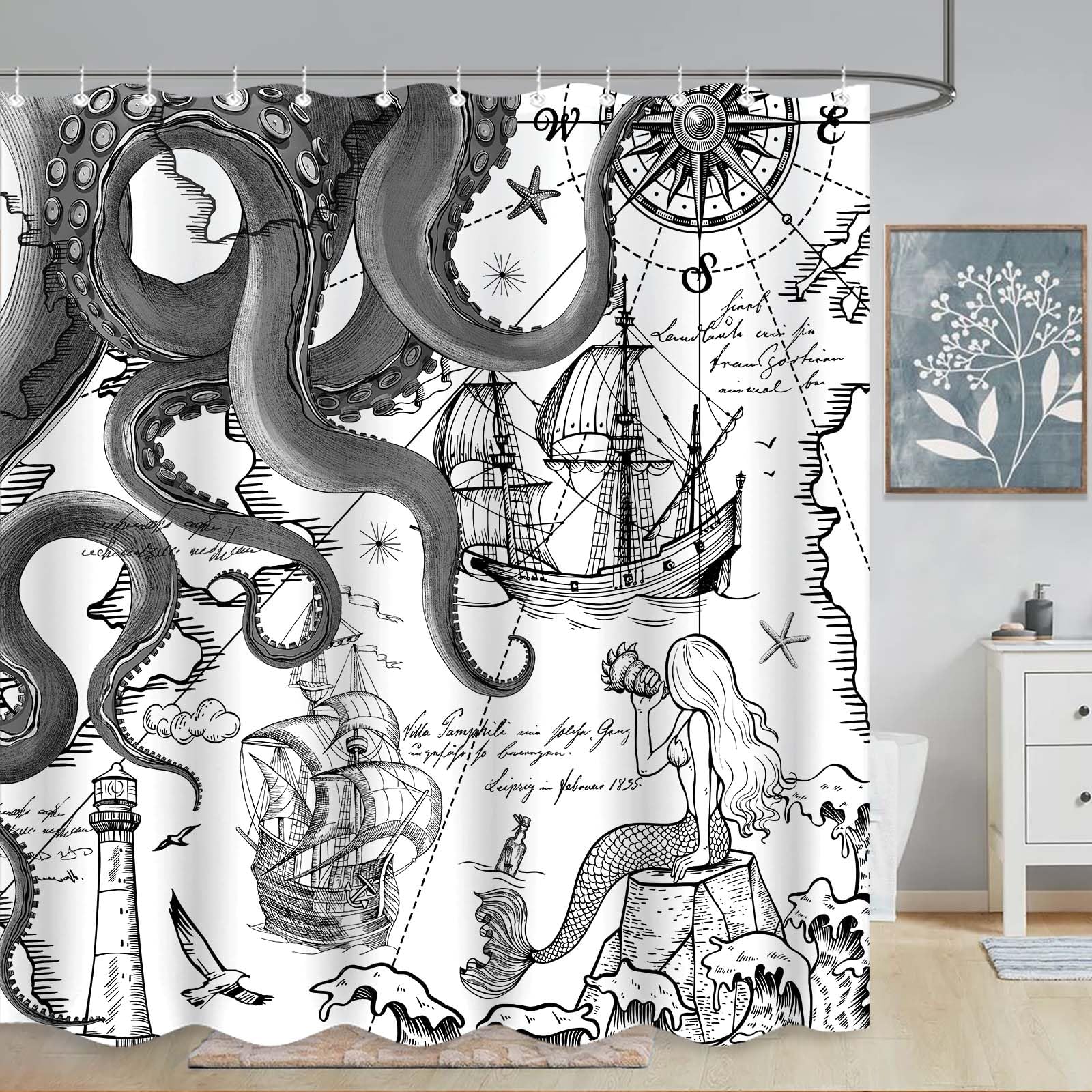 Fungarth Black Gray Nautical Octopus Shower Curtain Grey Mermaid Funny Ocean Kraken Shower Curtains for Bathroom Cool Anchor Coa
