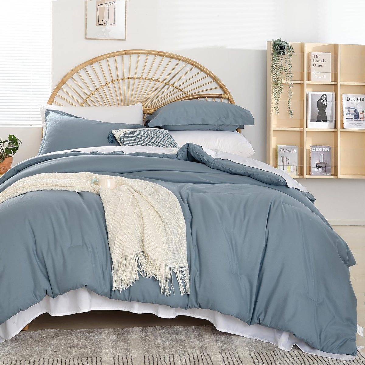 Weigelia Dusty Blue Queen Comforter 7Pcs Boho Bed Comforter Set Queen Size Soft All Season Lightweight Microfiber Comforter With