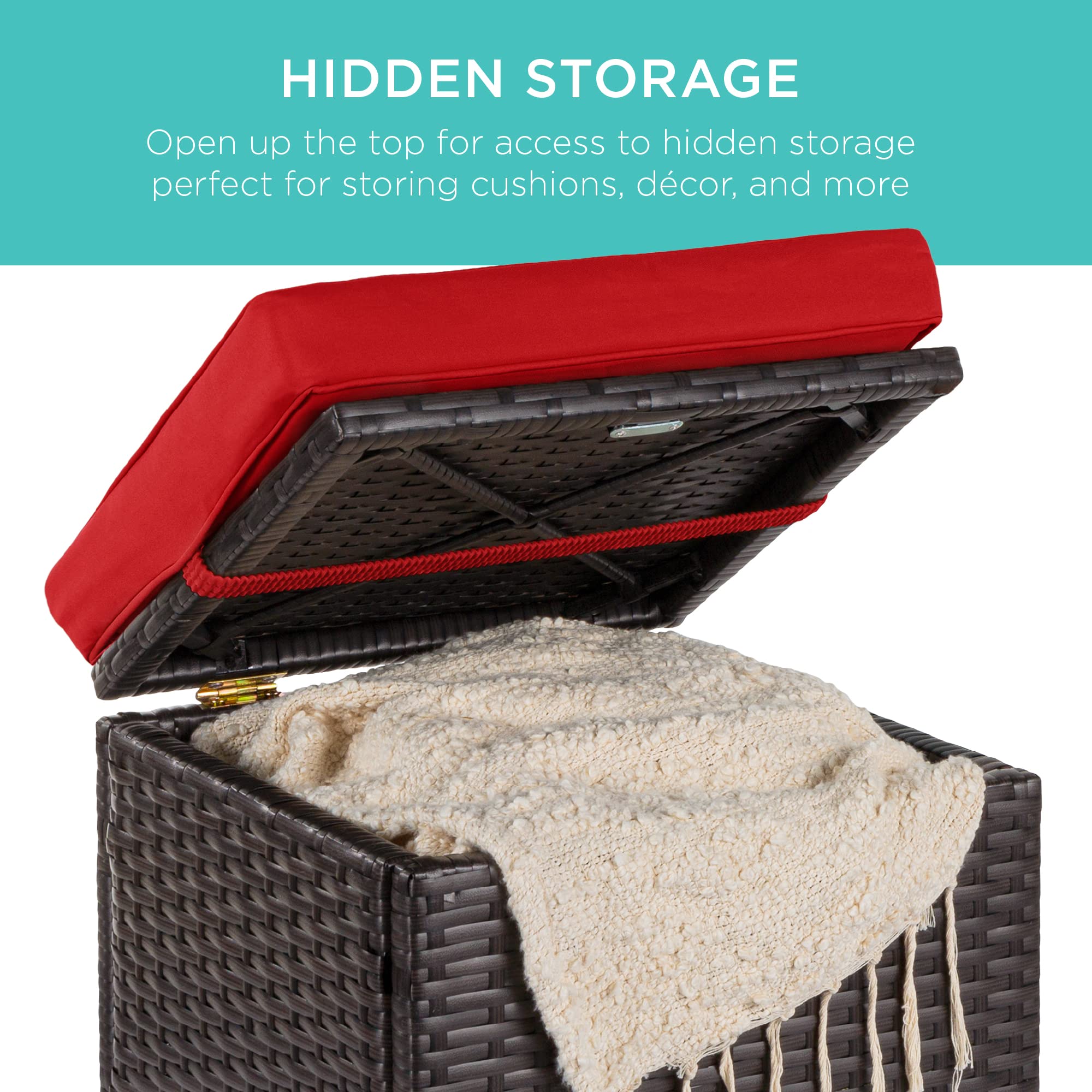 Best Choice Products Set Of 2 Wicker Ottomans, Multipurpose Outdoor Furniture For Patio, Backyard, Additional Seating, Footrest, Side Table W/Storage, Removable Cushions - Red/Brown