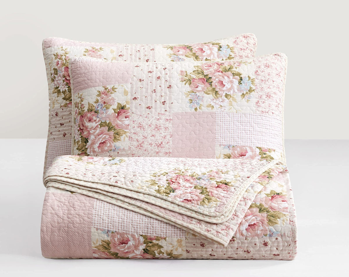 Chezmoi Collection Rosy 3-Piece Printed Patchwork Cotton Quilt Set, Full Size - Pink Flower Floral Striped Polka Dots - Stone Wa