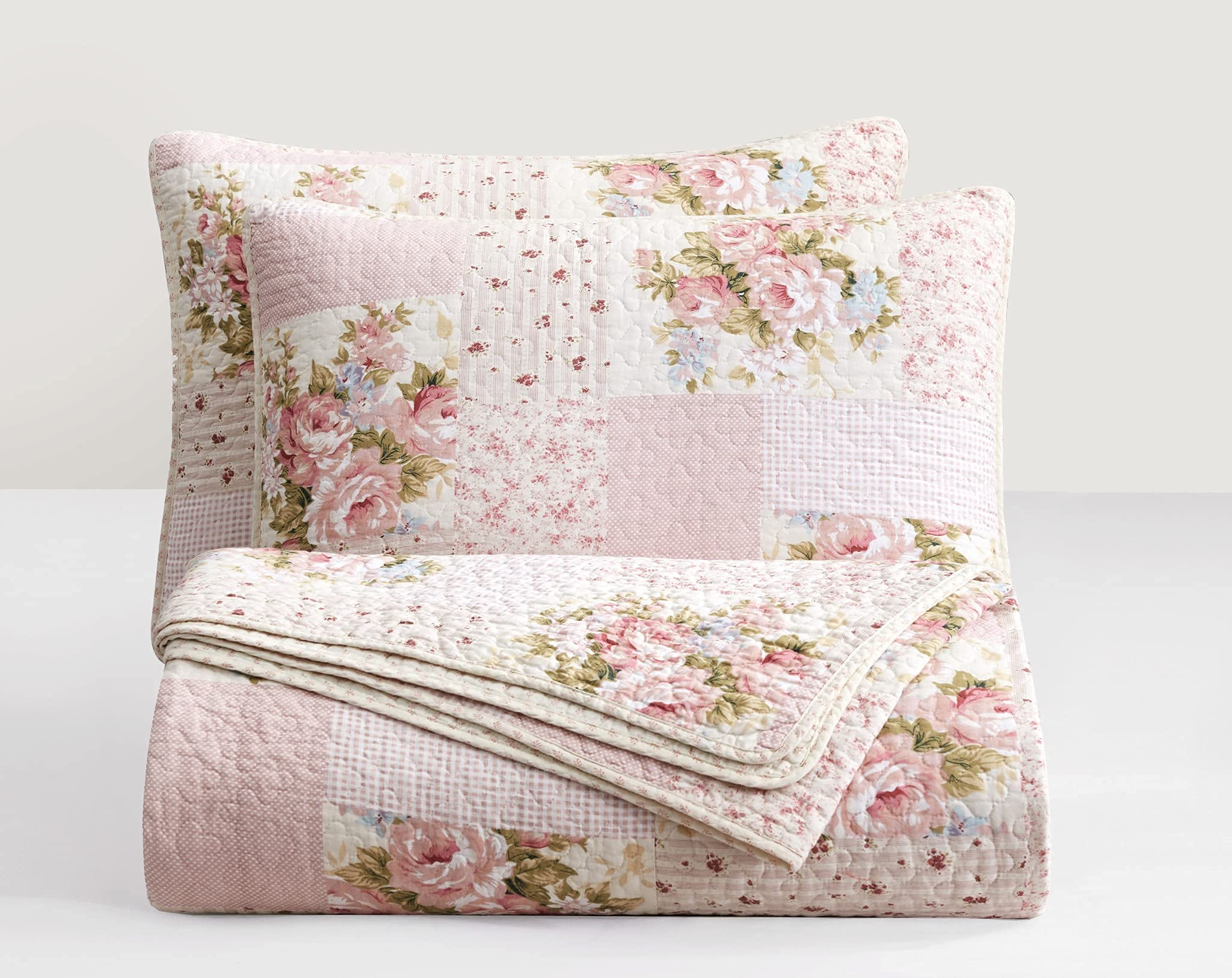 Chezmoi Collection Rosy 2-Piece Twin Size Printed Patchwork Cotton Quilt Set - Pink Flower Floral Striped Polka Dots - Stone Was