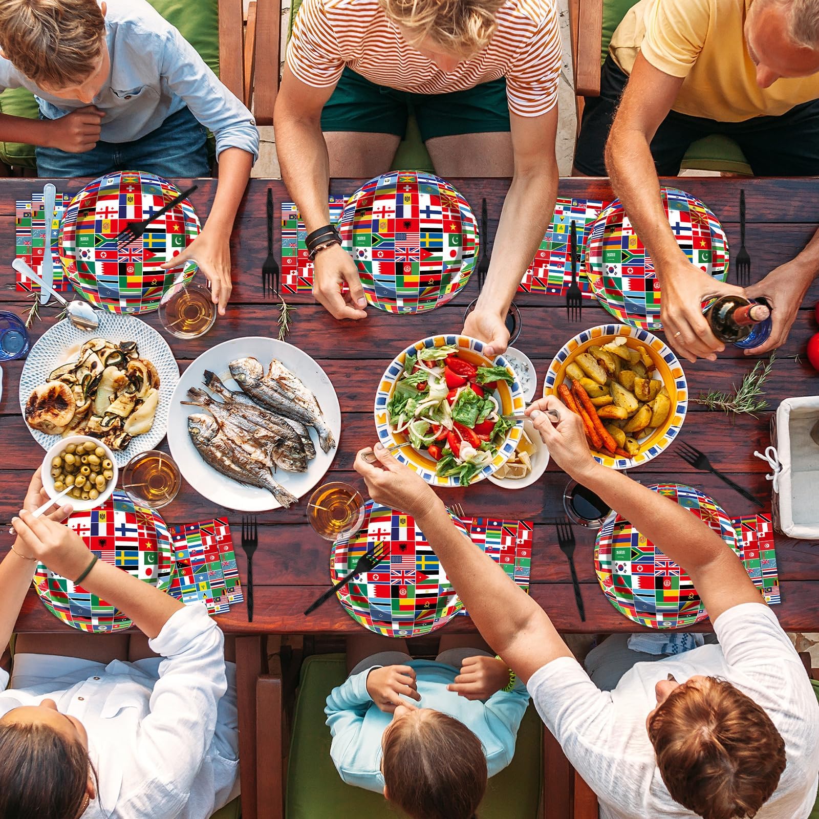 96Pcs International World Flags Party Supplies Country Flag Paper Plates Napkins Travel Trip Around The Globe Party Decorations