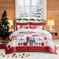 Christmas Flannel Comforter Set Queen Size 3 Pieces Patchwork Style Red Black Plaid With White Gray Deers Snowflake Holiday Wint
