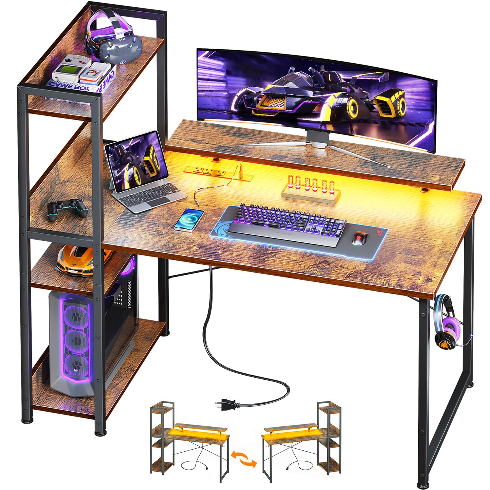 Odk Reversible Gaming Desk With Usb Charging Port And Led Lights, 40 Inch Computer Desk With Storage Shelves & Monitor Stand, Writing Study Table For Home Office, Small Space Bedroom, Rustic Brown
