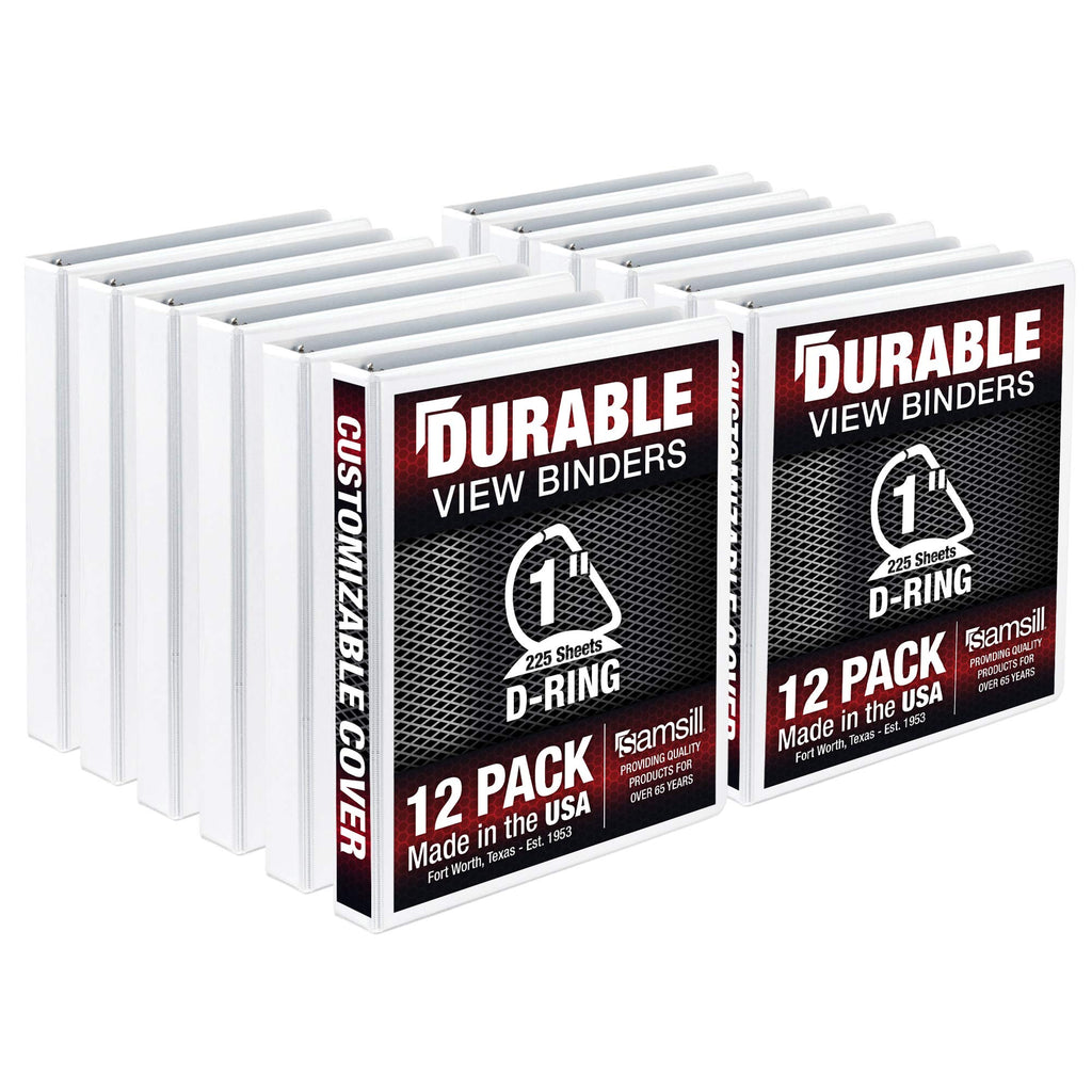 Samsill Durable 1 Inch Binder, Made In The Usa, D Ring Binder, Customizable Clear View Cover, White, 12 Pack, Each Holds 225 Pag