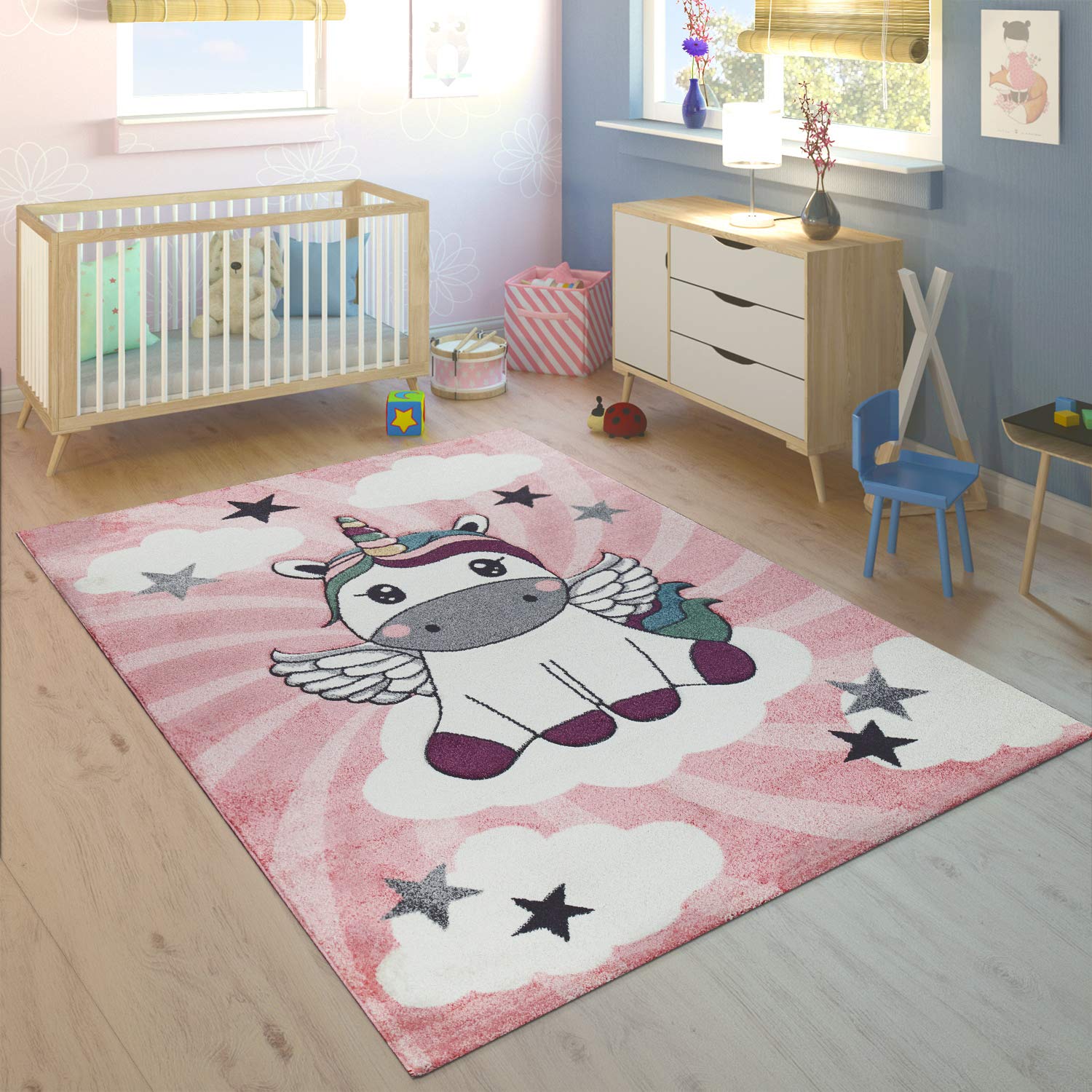 Kids Rug For Girls Bedroom Unicorn Design Area Rug Pastel Colors In Modern Pink, Size: 6'7' X 9'6'
