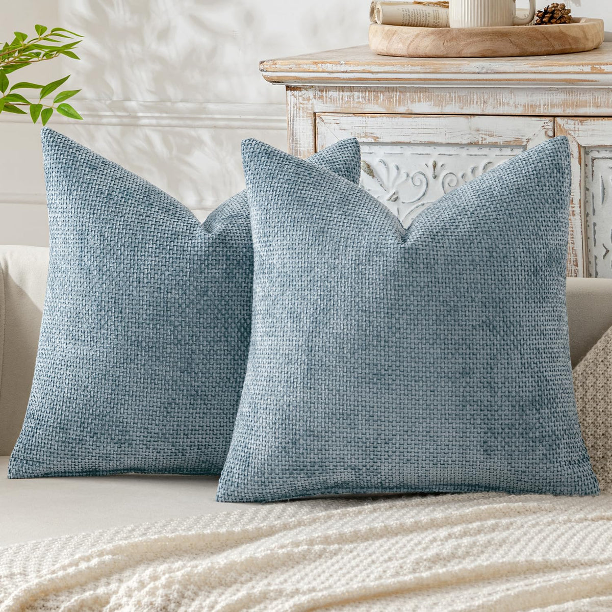 Miulee Pack Of 2 Smoke Blue Decorative Pillow Covers 20X20 Inch Soft Chenille Couch Throw Pillows Farmhouse Cushion Covers For H