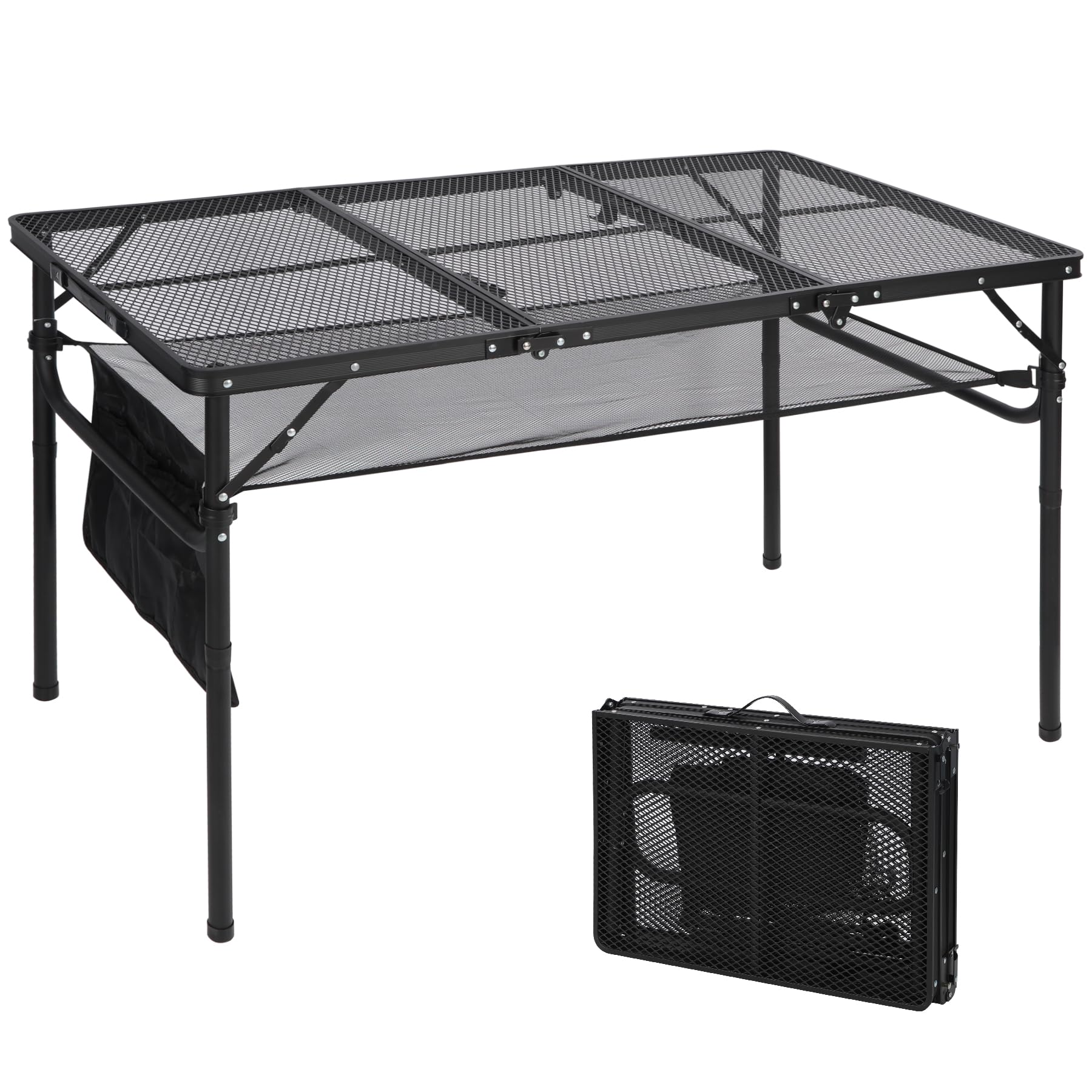 Redcamp 48X24 Long Folding Grill Table For Outside, Lightweight Portable Double Layer Metal Aluminum Outdoor Grill Table With Adjustable Height Legs, Great For Camping Picnic Cooking Bbq, Black 4Ft