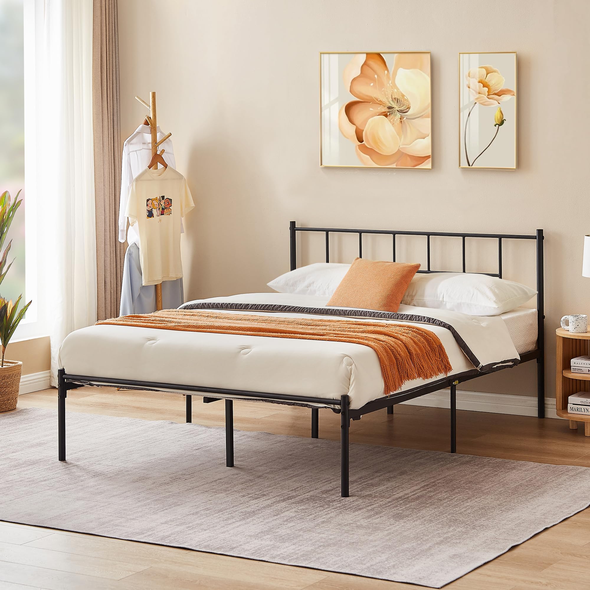 Vecelo Queen Metal Platform Bed Frame With Headboard, Heavy Duty Steel Slat Support, Under Bed Storage,No Box Spring Needed, Easy Assembly