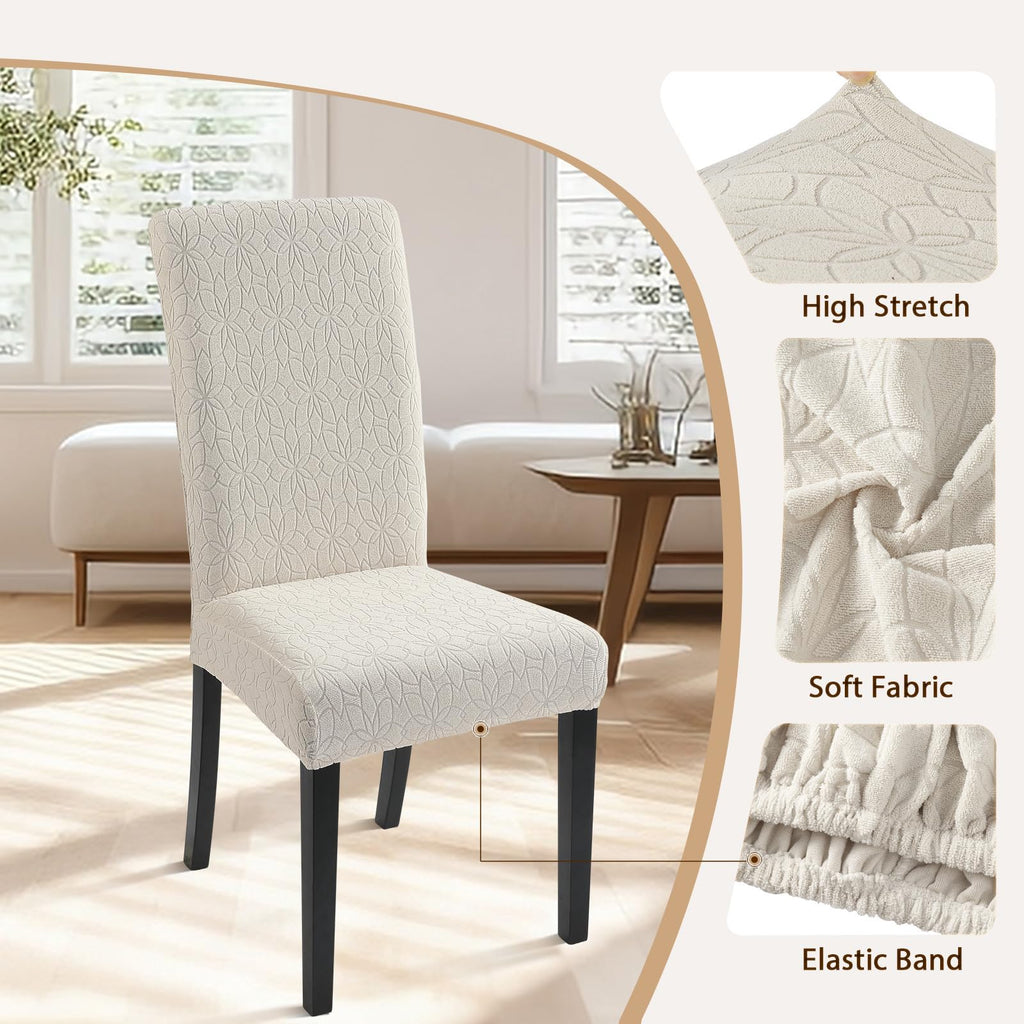 Searchi Jacquard Dining Room Chair Covers Set Of 4, Stretch Kitchen Chair Covers Washable Parsons Chair Slipcover Removable Dining Chair Protectors For Hotel,Ceremony(Beige Floral Texture)
