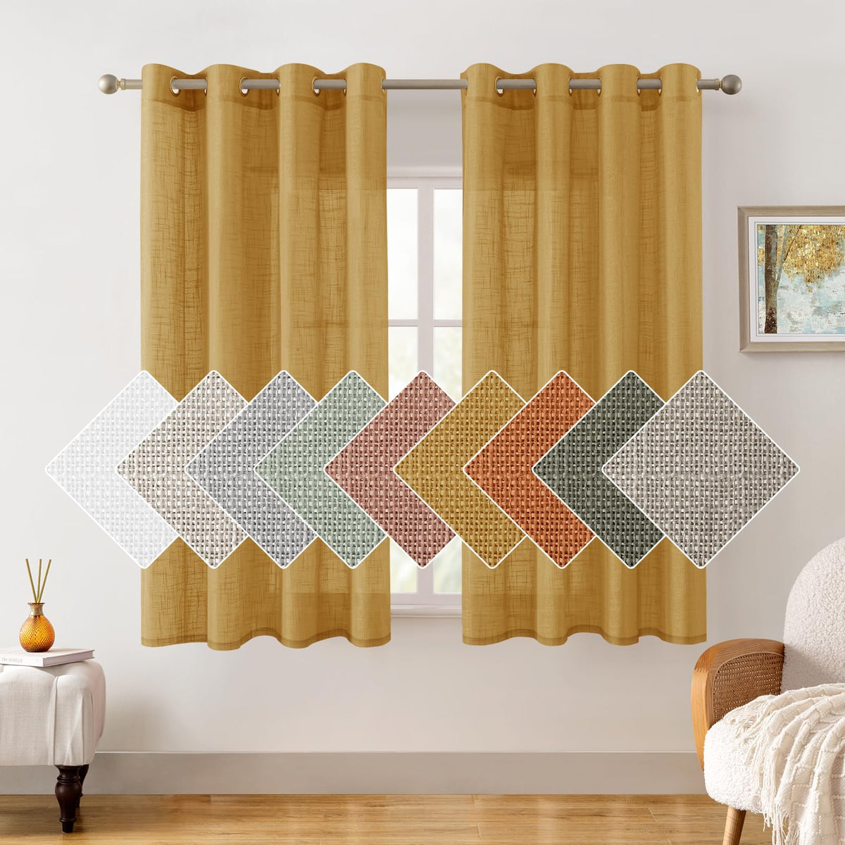 Homeideas Yellow Linen Sheer Curtains 63 Inches Long 2 Panels Textured Semi Sheer Curtains Farmhouse Curtains Sheer Privacy Wind