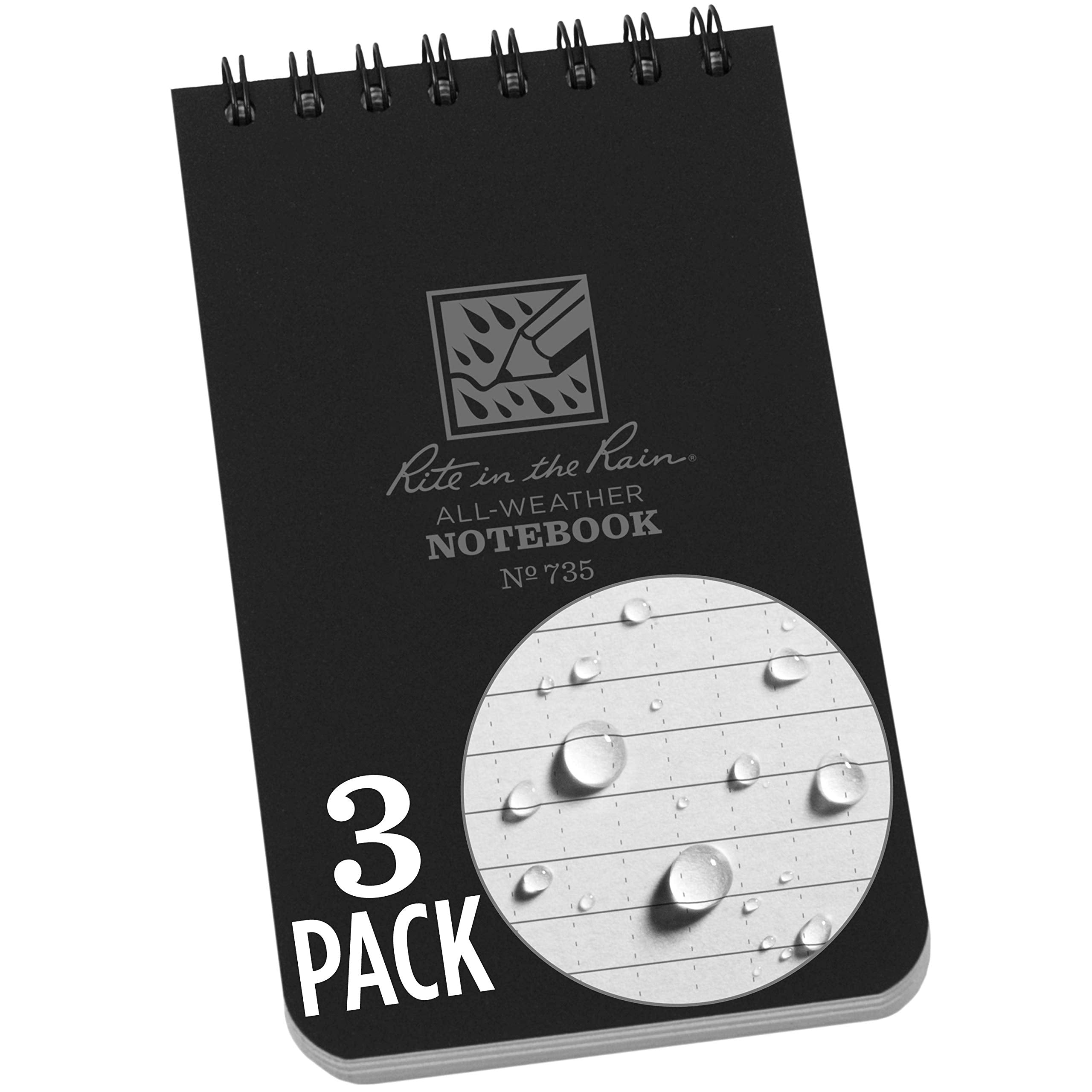 Rite In The Rain Weatherproof Top-Spiral Notebook, 3' X 5', Black Cover, Universal Pattern, 3 Pack (No. 735-3)