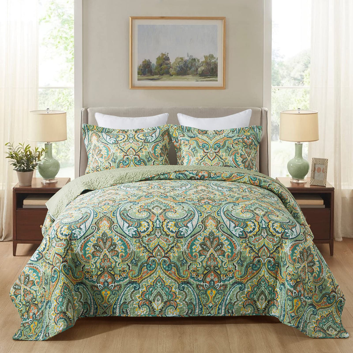 Newlake Cotton Bedspread Quilt Sets-Reversible Patchwork Coverlet Set, European Green Floral Pattern, King Size