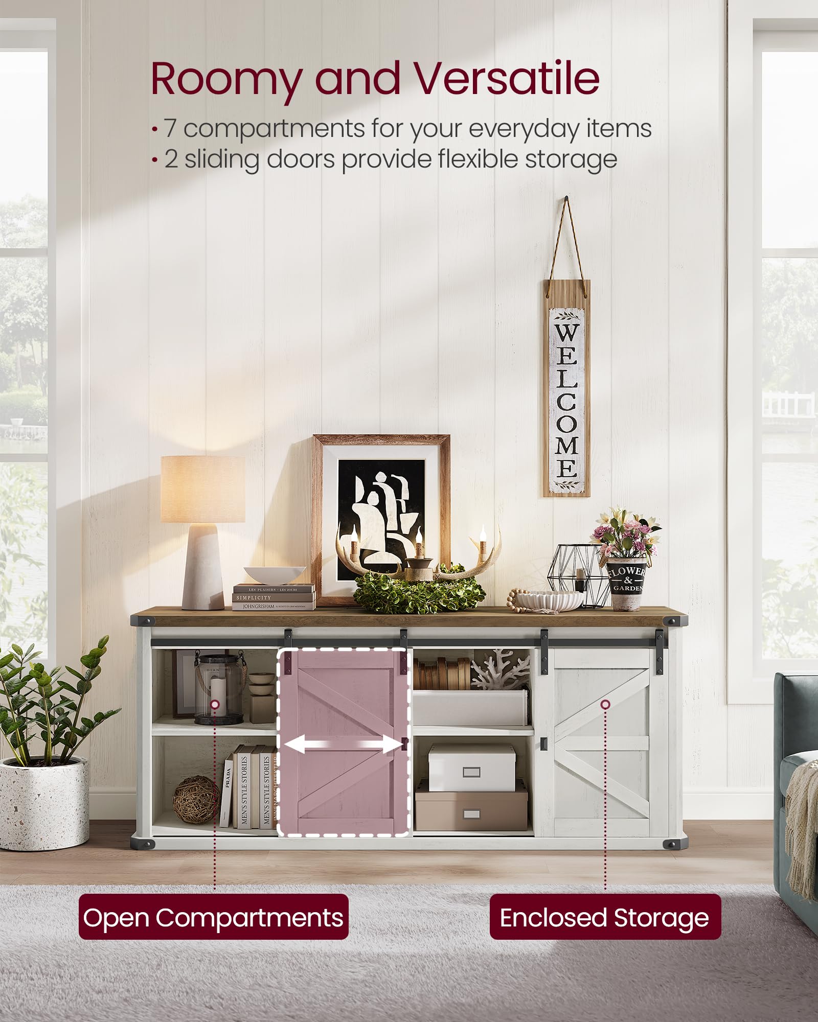 Vasagle Tv Stand For Tvs Up To 65 Inches, Farmhouse Entertainment Center With Sliding Barn Doors, Tv Console Table For Living Room, Rustic White And Honey Brown Ultv324W73