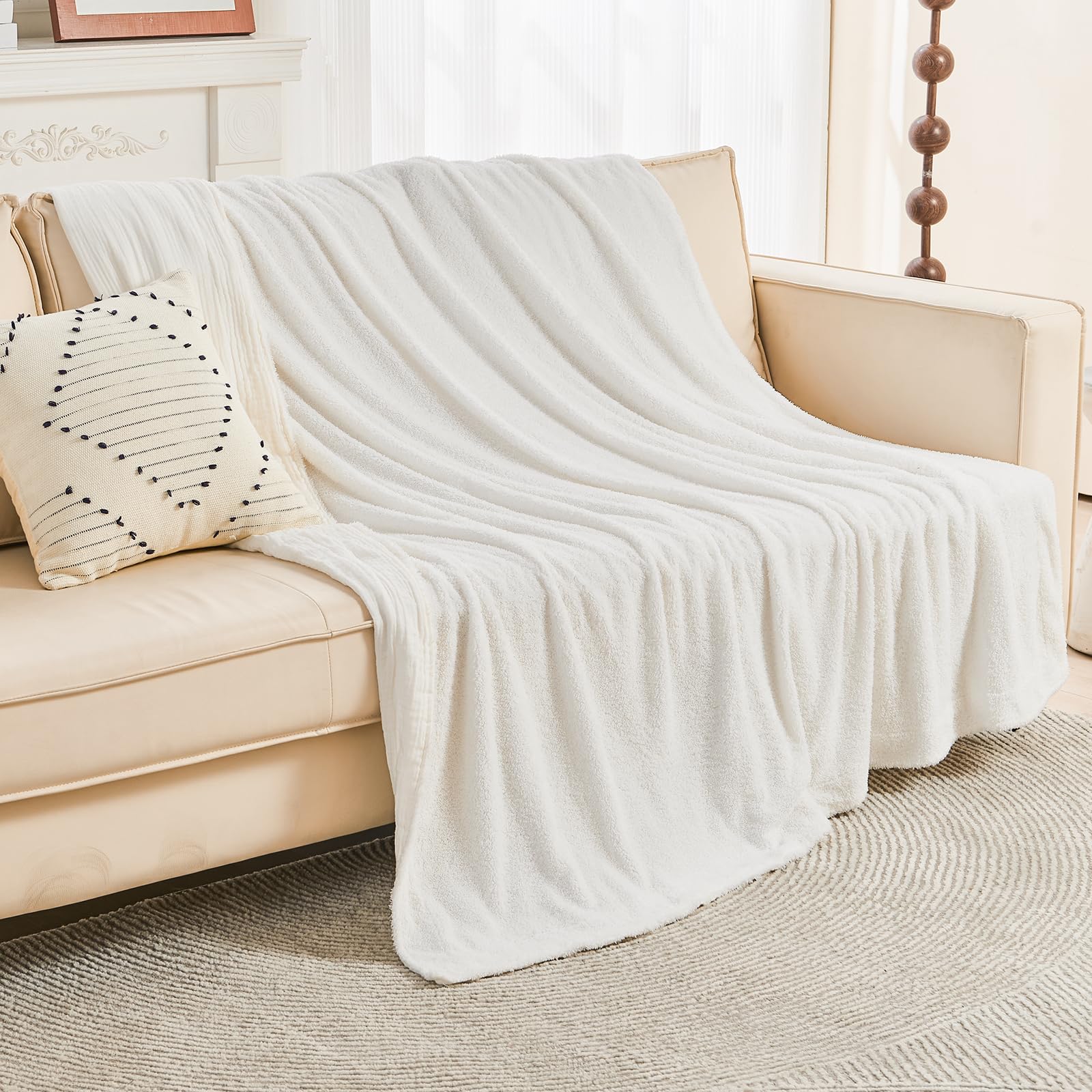 Emme Muslin Cotton Fleece Throw Blanket Reversible - 50'*60' Cream Soft Warm Throw Blankets For Couch Bed Picnic Travel Bed
