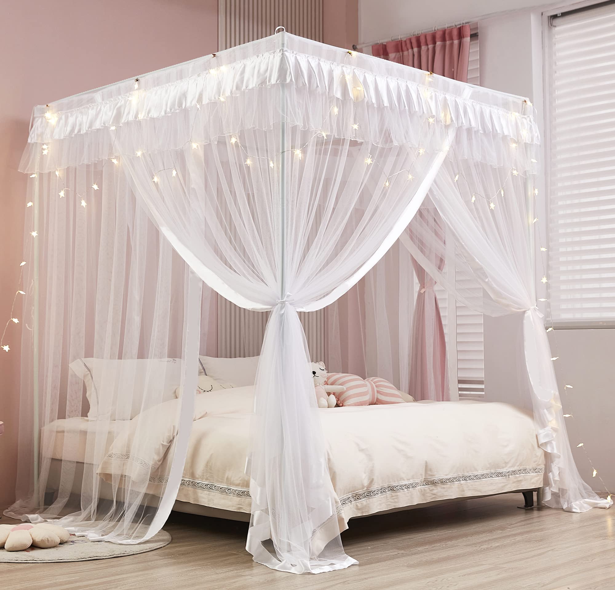 Mengersi 4 Corners Post Canopy Bed Curtains For Girls Kids Adults Queen Size- Cute Cozy Drape Square Netting - 4 Opening Mosquit