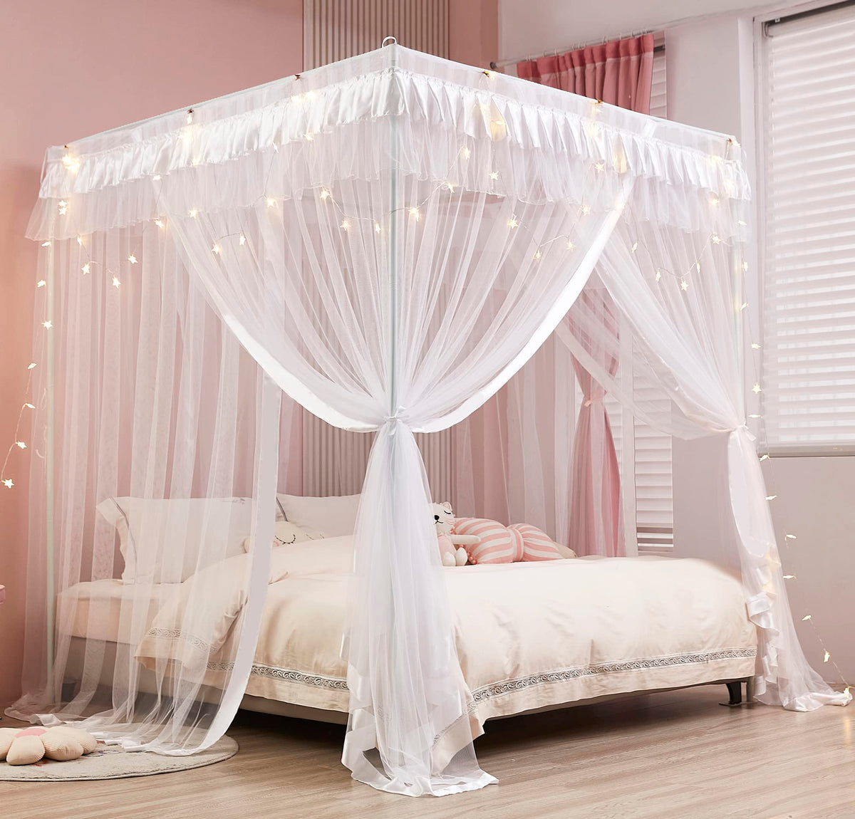 Mengersi 4 Corners Post Canopy Bed Curtains For Girls Kids Adults Queen Size- Cute Cozy Drape Square Netting - 4 Opening Mosquit