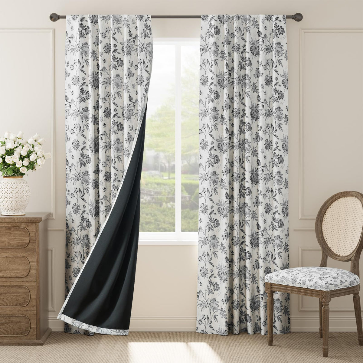 Jinchan Blackout Floral Curtains For Bedroom, 84 Inches Long Curtains With Printed Flower Black Out Curtains, Rod Pocket Back Ta