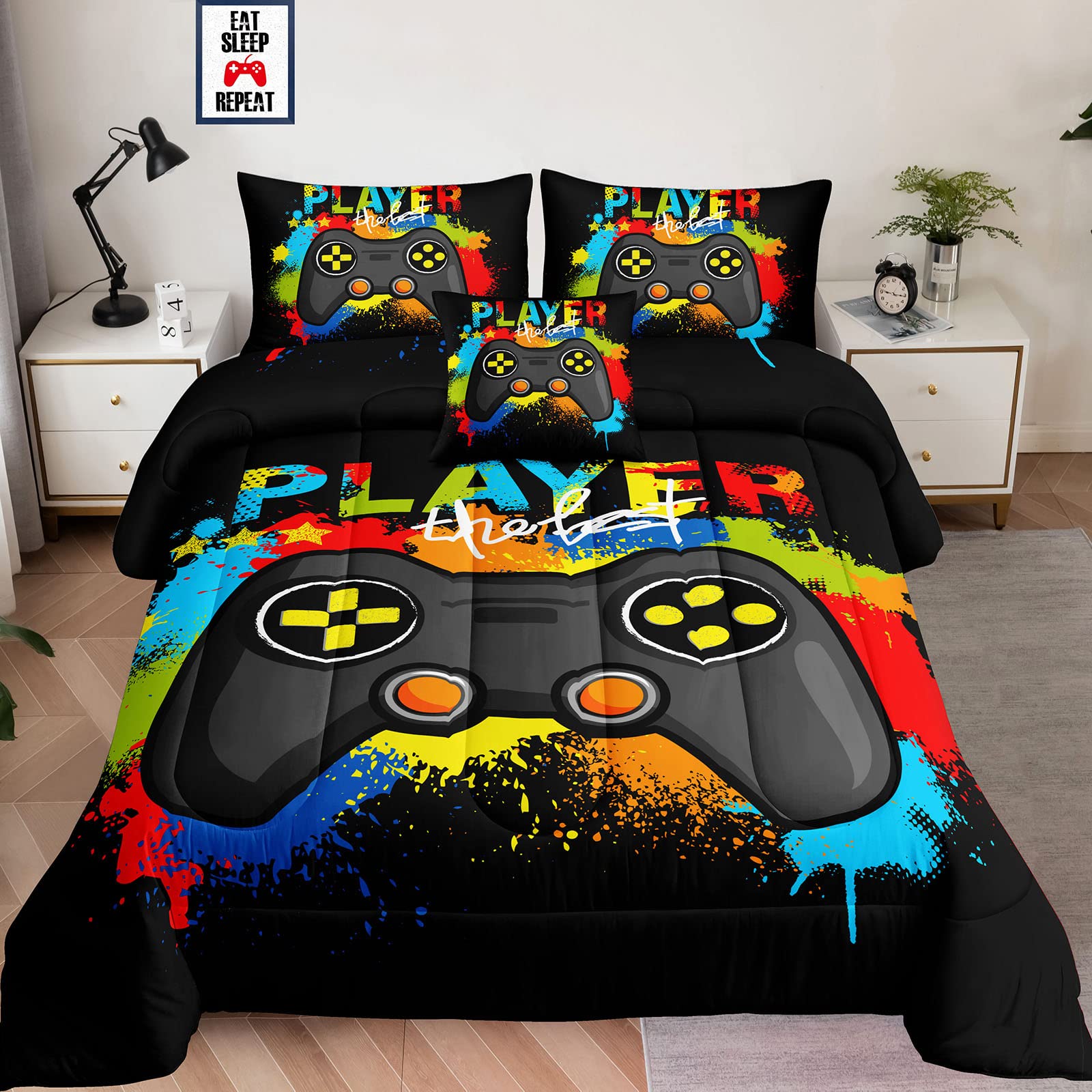 5 Pieces Bed In A Bag For Gaming Bedding Set,Boys Gamer Comforter Set With Flat Sheet,Fitted Sheet,Pillowcases,Cushion Cover,Gam