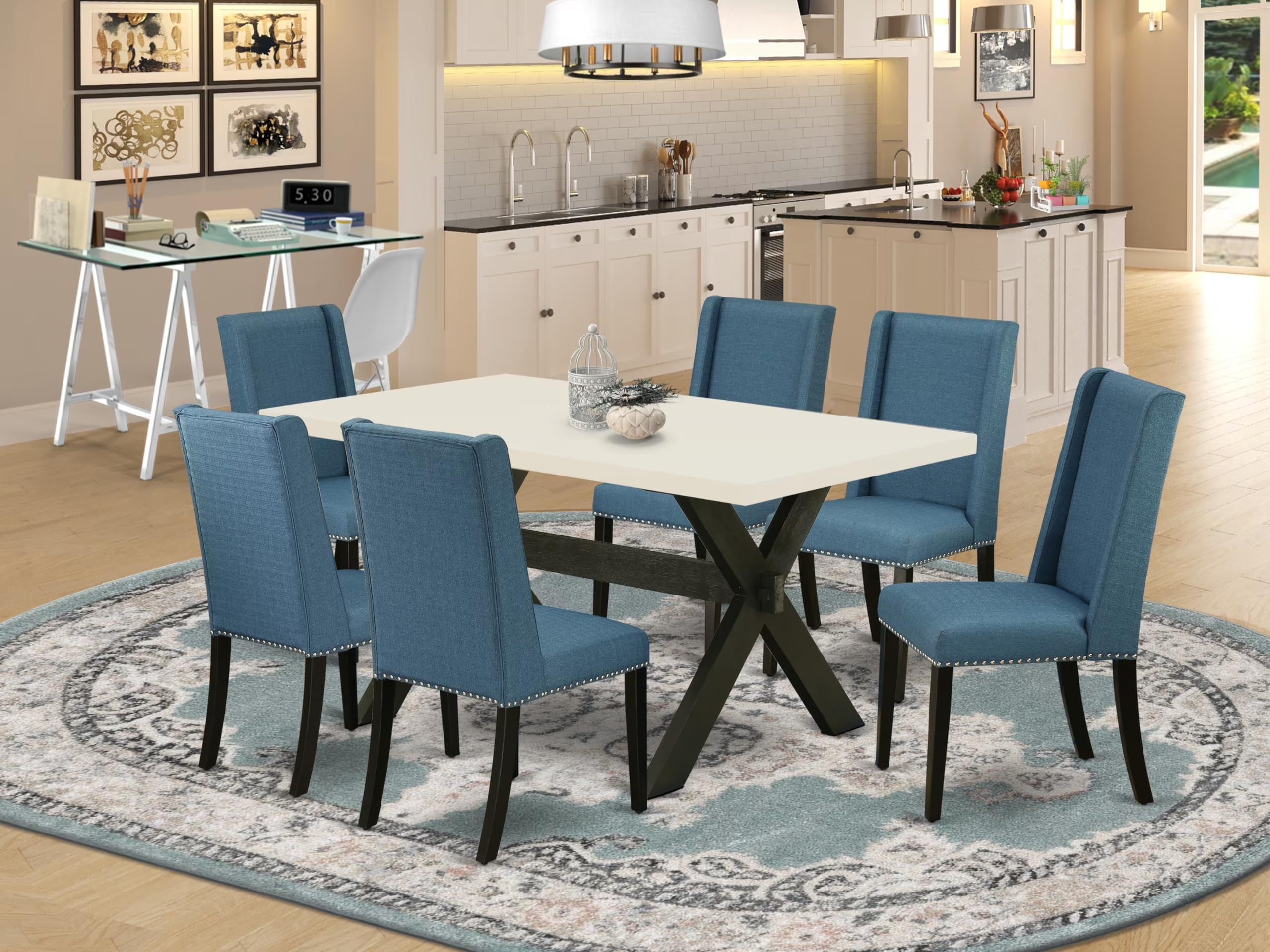 East West Furniture X626Fl121-7 7 Piece Dining Room Furniture Set Consist Of A Rectangle Dining Table With X-Legs And 6 Blue Linen Fabric Upholstered Chairs, 36X60 Inch, Multi-Color