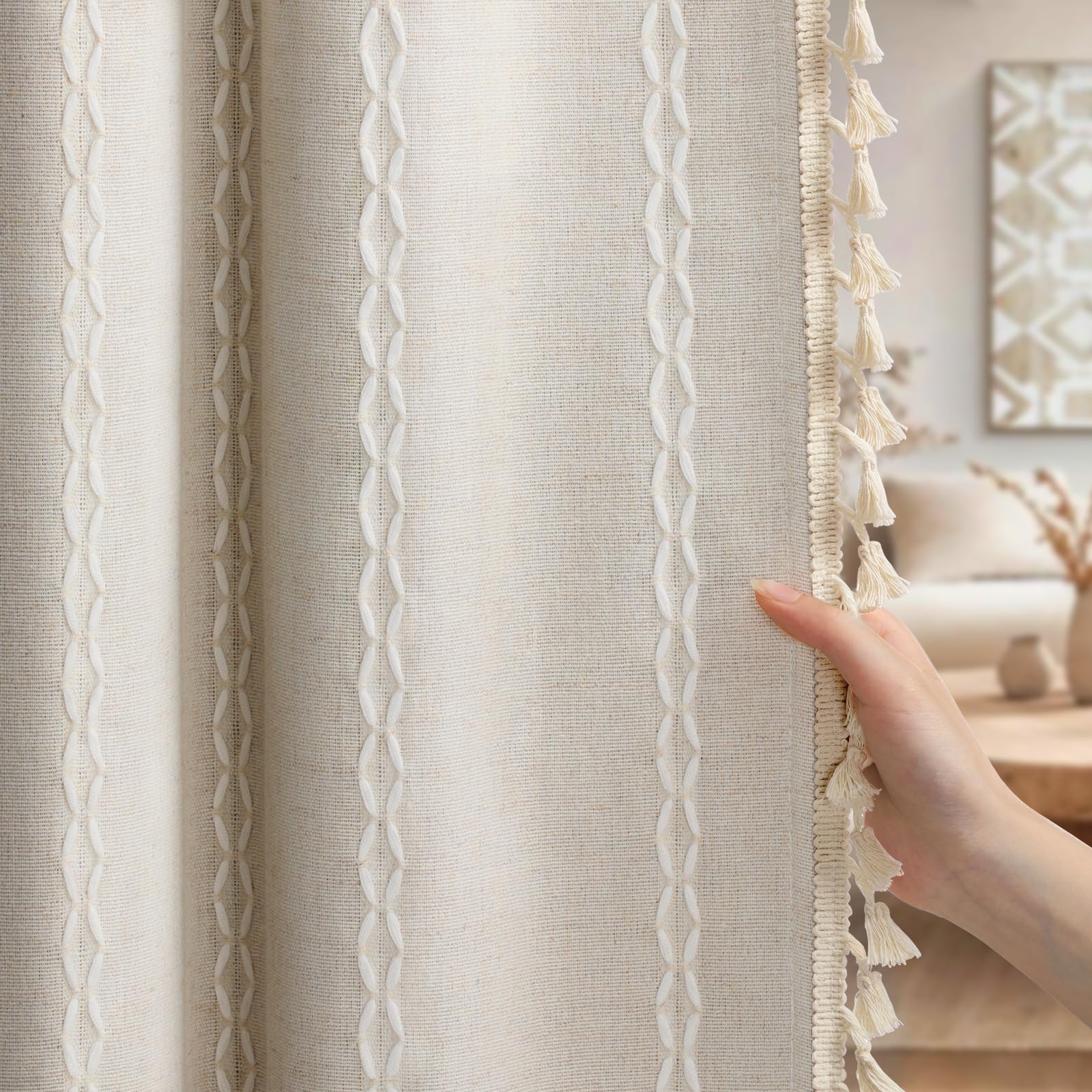 XOGUIBO Boho 80% Blackout Curtains with Gray Liner 84 Inches Long 2 Panels Set, Beige Linen Blend Drapes with Tassels and Cotton