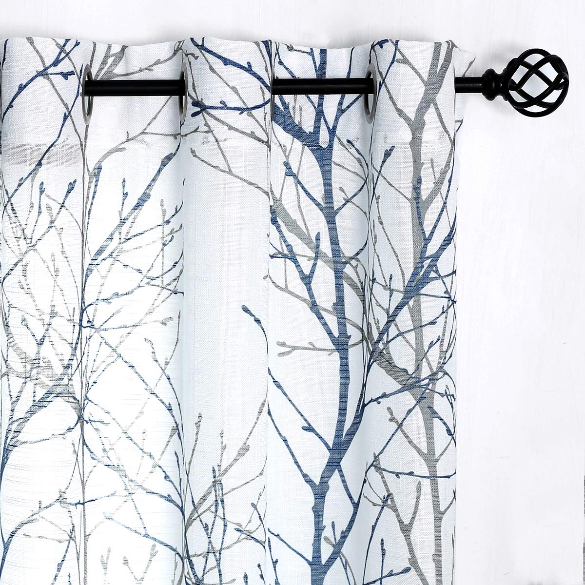 FMFUNCTEX Blue White Curtains 50  X 45  for Kitchen Living Room Tree Branch Print Wrinkle- Free Small Linen Texture Semi Sheer W