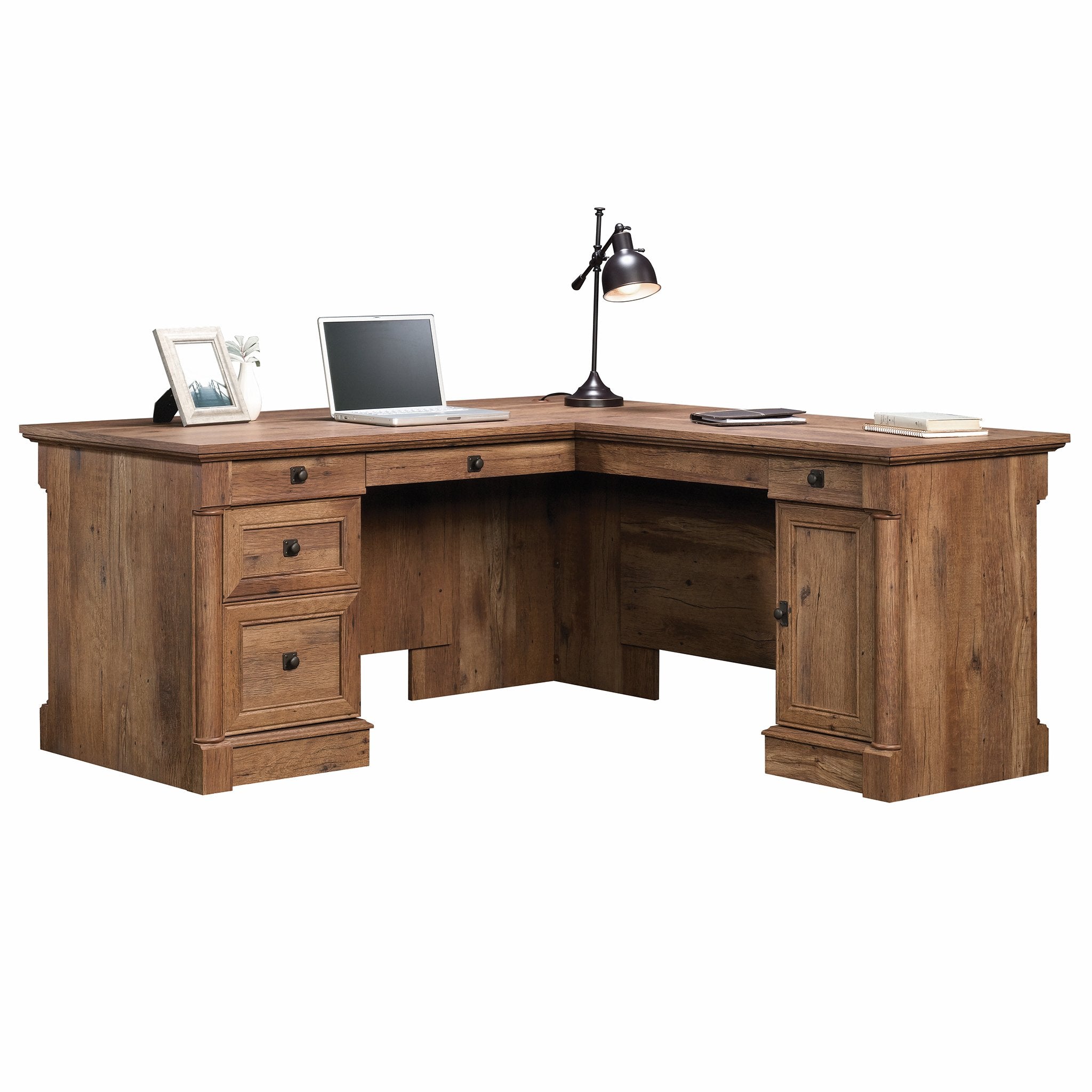 Sauder Palladia L Shaped Desk with Drawers, Office Desk with File Cabinet Storage, Cable Management, Keyboard Tray, in Vintage O