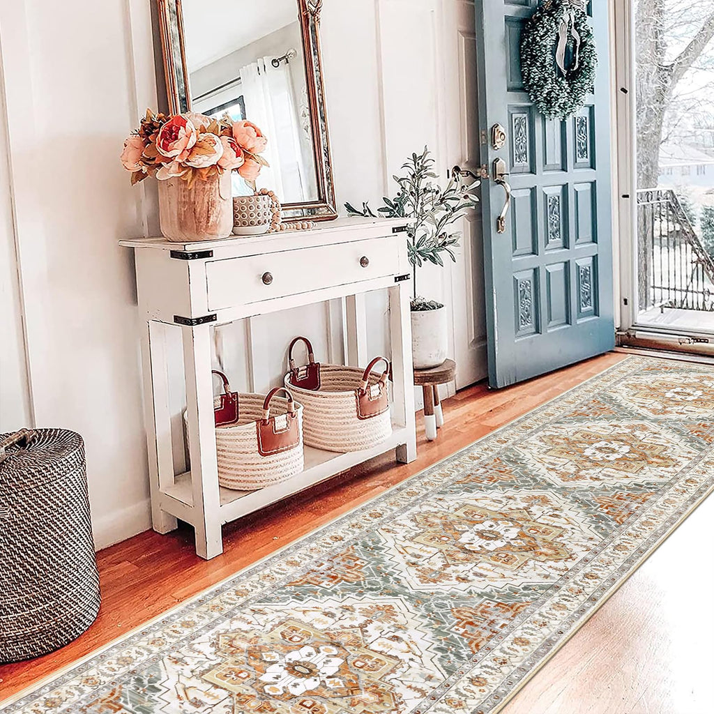 Pauwer Hallway Runner Rug 2X10, Long Washable Kitchen Rugs Runner, Farmhouse Vintage Medallion Area Rug Carpet Runner, Soft Thro