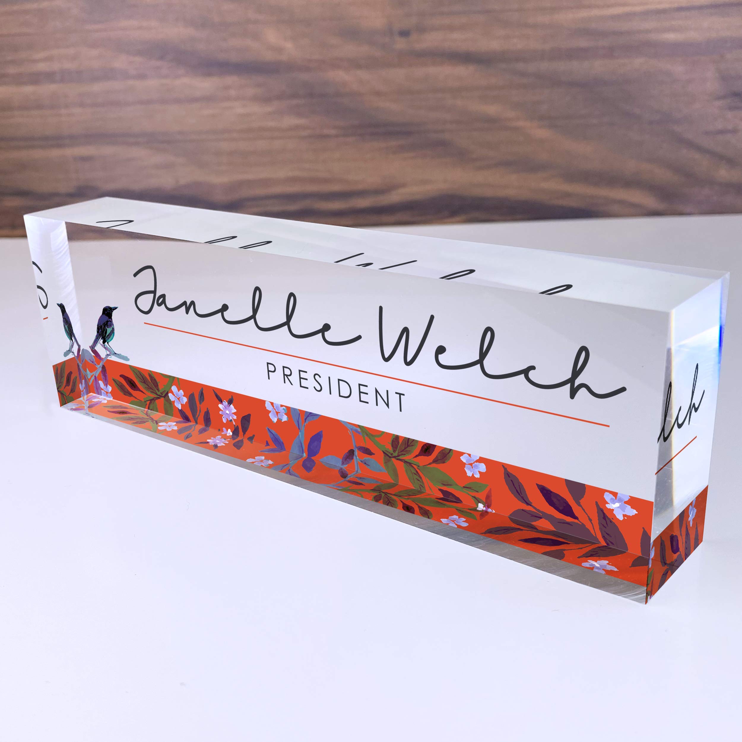 Artblox Office Desk Name Plate Personalized | Custom Name Plates For Desks | Bird Singing Design On Clear Acrylic Glass | Cute O