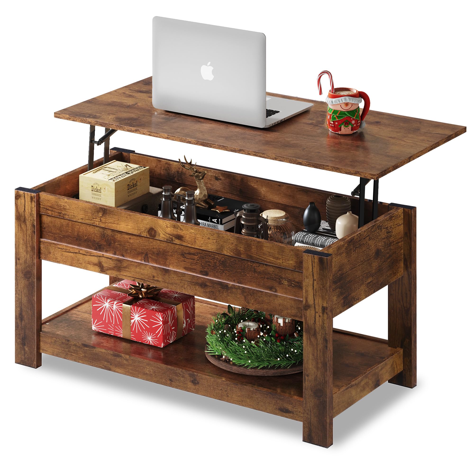 Wlive Coffee Table, 39' Lift Top Coffee Table With Hidden Compartment And Storage Shelf For Living Room, Rustic Brown