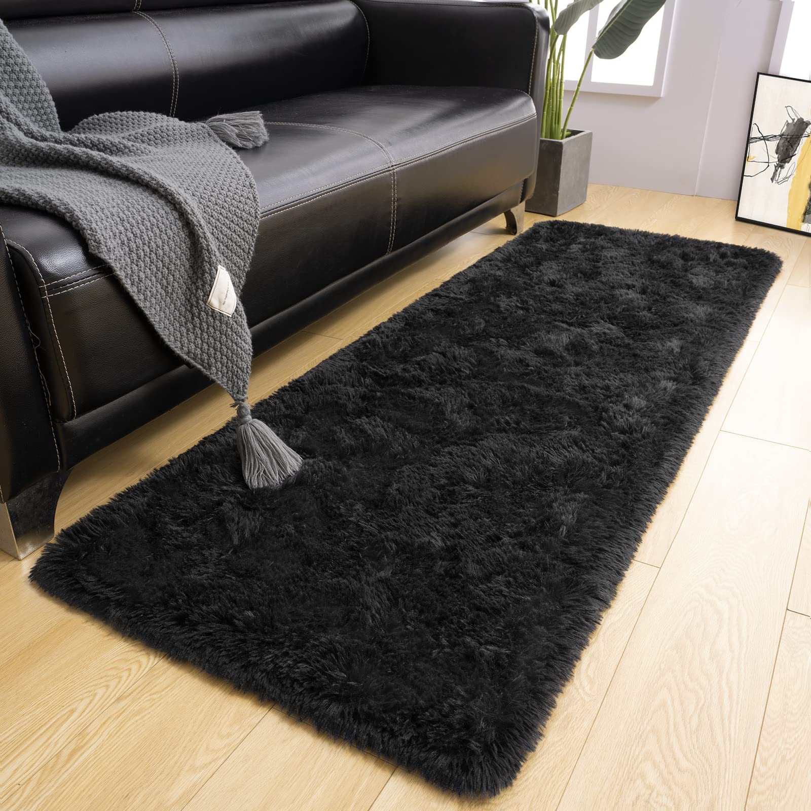 LOCHAS Ultra Soft Indoor Modern Area Rugs Fluffy Living Room Carpets for Children Bedroom Home Decor Nursery Rug 2x8 Feet, Black