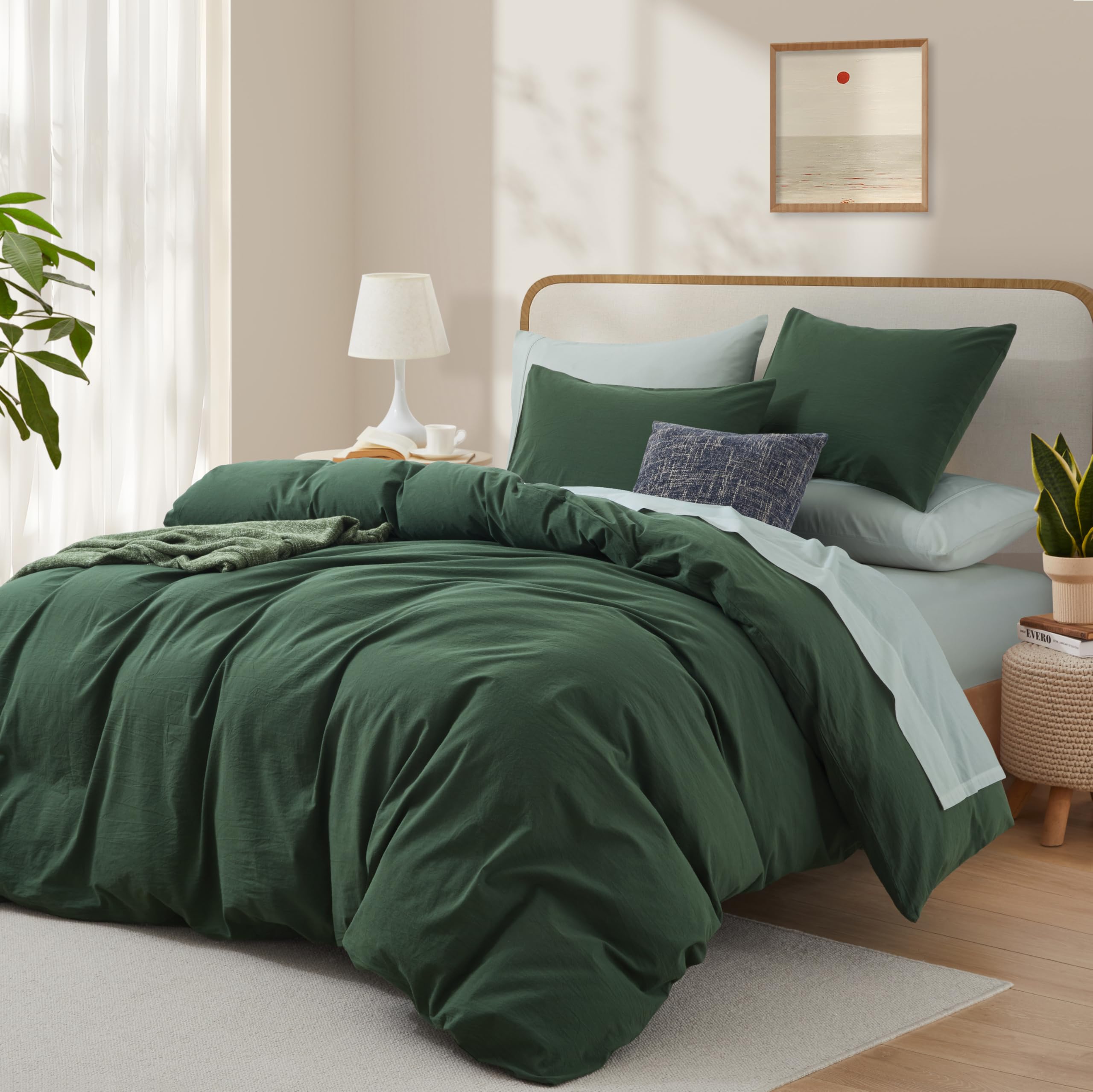 Lovque Green Duvet Cover Twin Size, 100% Washed Cotton Linen Like Bedding Set With Zipper Closure (No Comforter), 68X90 Inches,