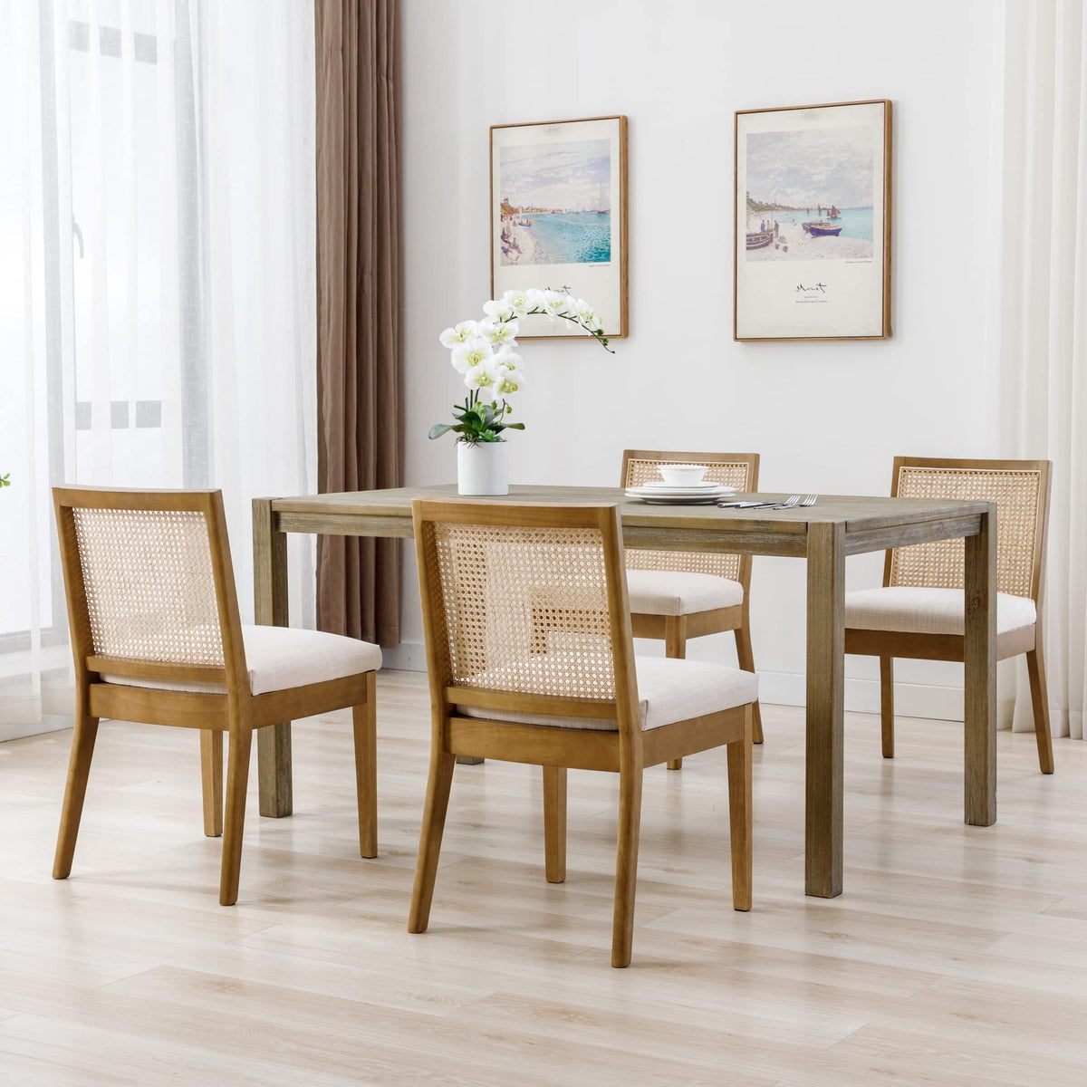 Bestano Rattan Dining Chairs Set Of 4 Natural Wooden Dining Room Chairs Rectangle Cane Country Kitchen Chairs Linen Upholstered