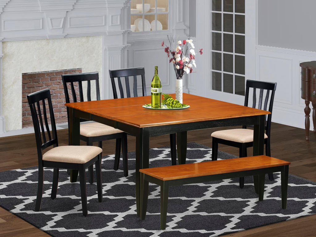 East West Furniture PFAN6-BCH-C 6 Piece Dining Set Contains a Square Dining Table with Butterfly Leaf and 4 Linen Fabric Upholstered Chairs with a Bench, 54x54 Inch, Black & Cherry