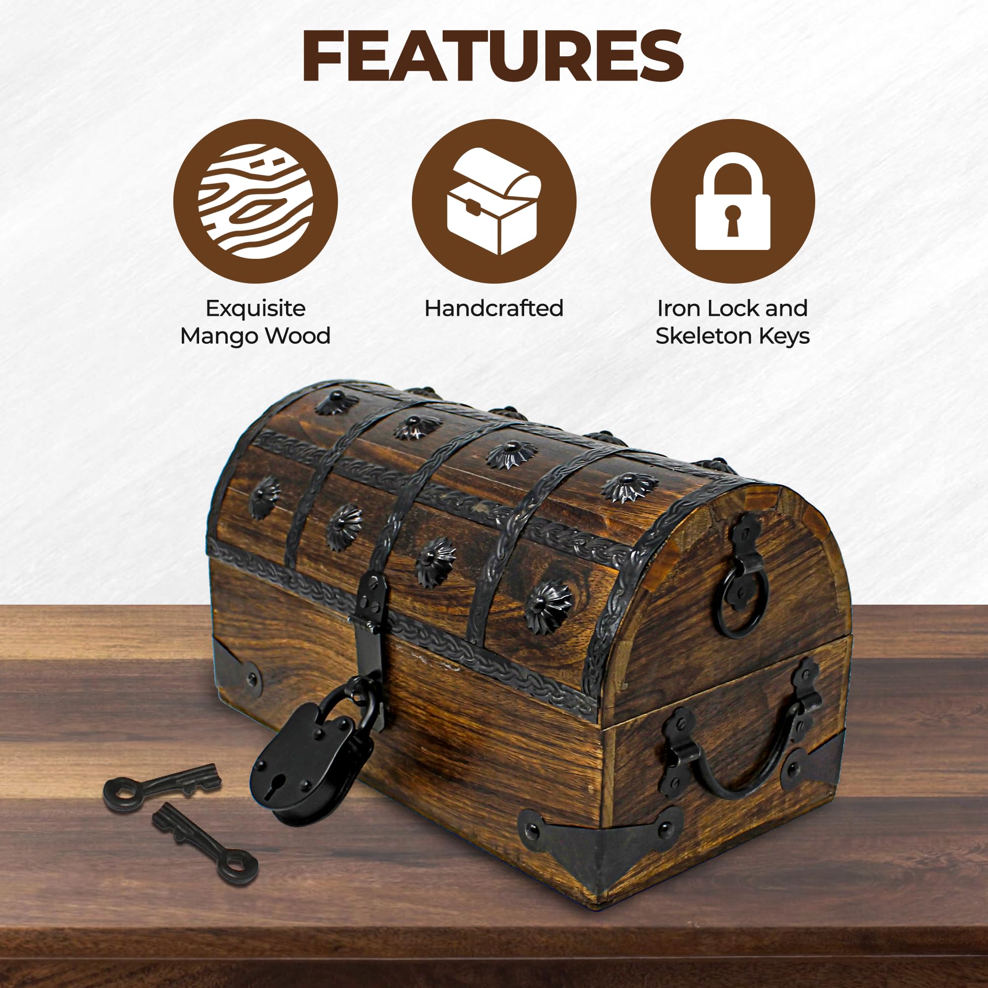 Nautical Cove Pirate Treasure Chest With Iron Lock And Skeleton Key - Wooden Storage And Decorative Box (Medium 11 X 6 X 6.75)